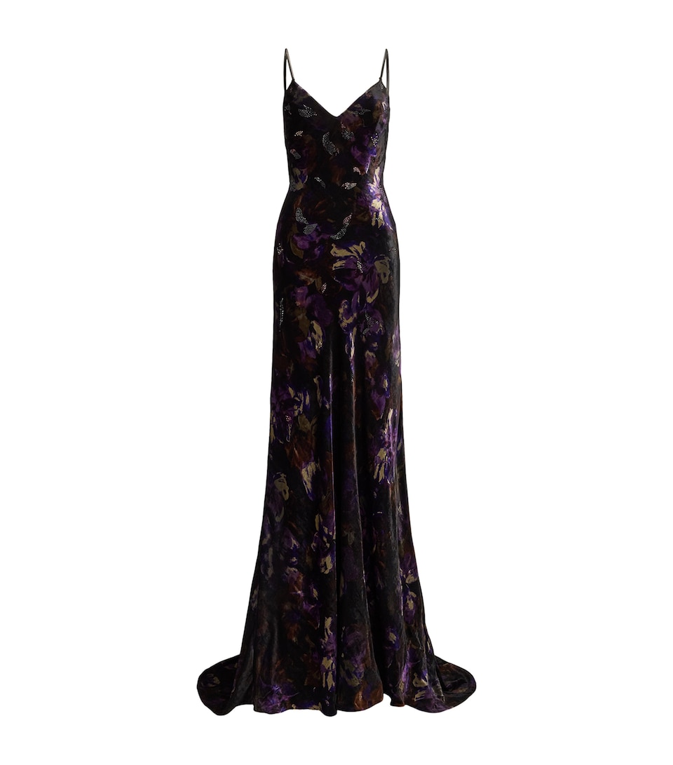 Velvet Embellished Floral Evening Dress
