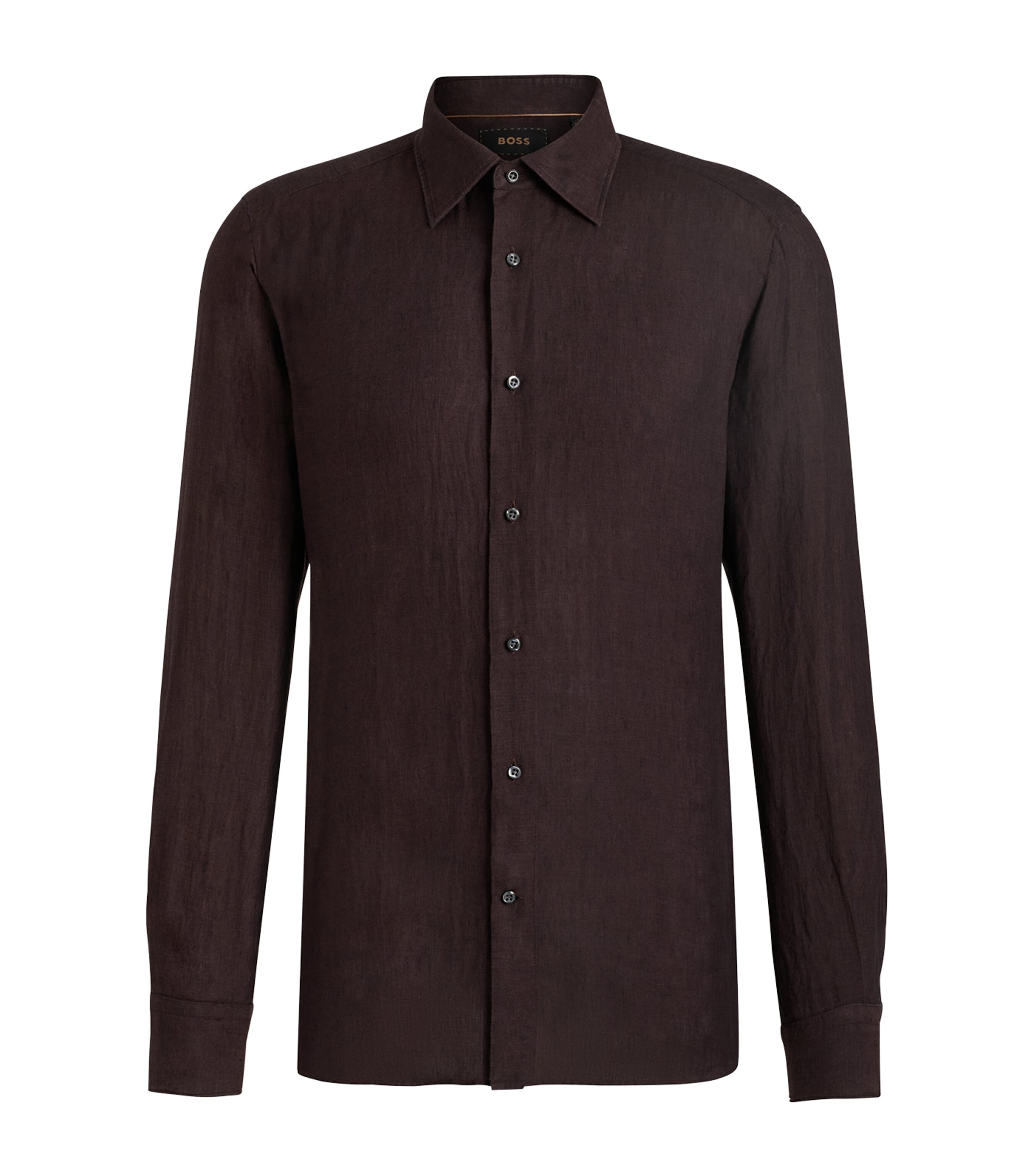 Hugo Boss Boss Camel Brown Slim Fit Linen Shirt With Button-down Front In Brown