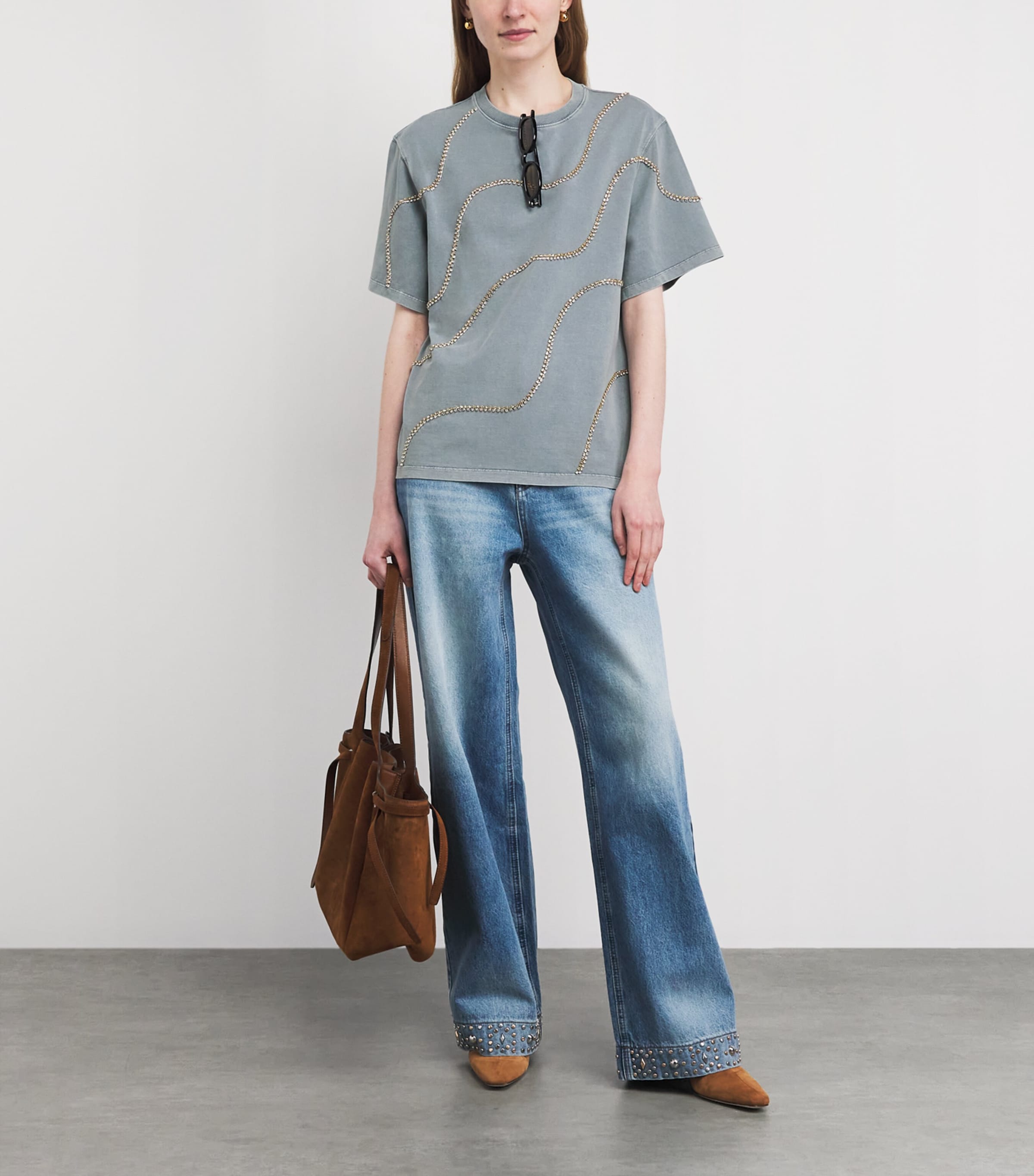 Sandro Paris Womens Cotton Embellished T-Shirt Grey Image 2