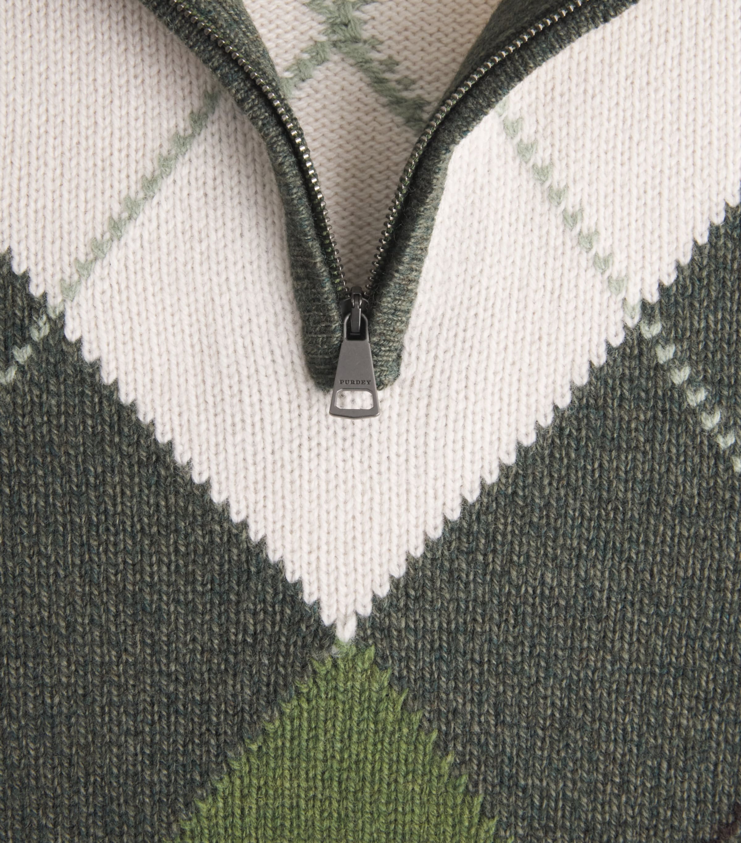 Purdey Mens Wool-Cashmere Strathmore Argyle Quarter-Zip Sweater Loden Image 6