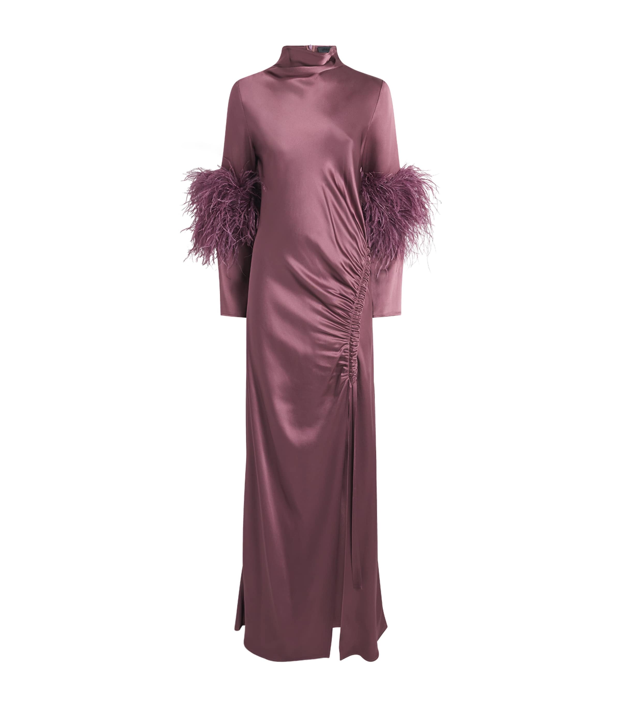 LAPOINTE Womens Satin Feather-Trimmed Gown Dark Mauve Image 1