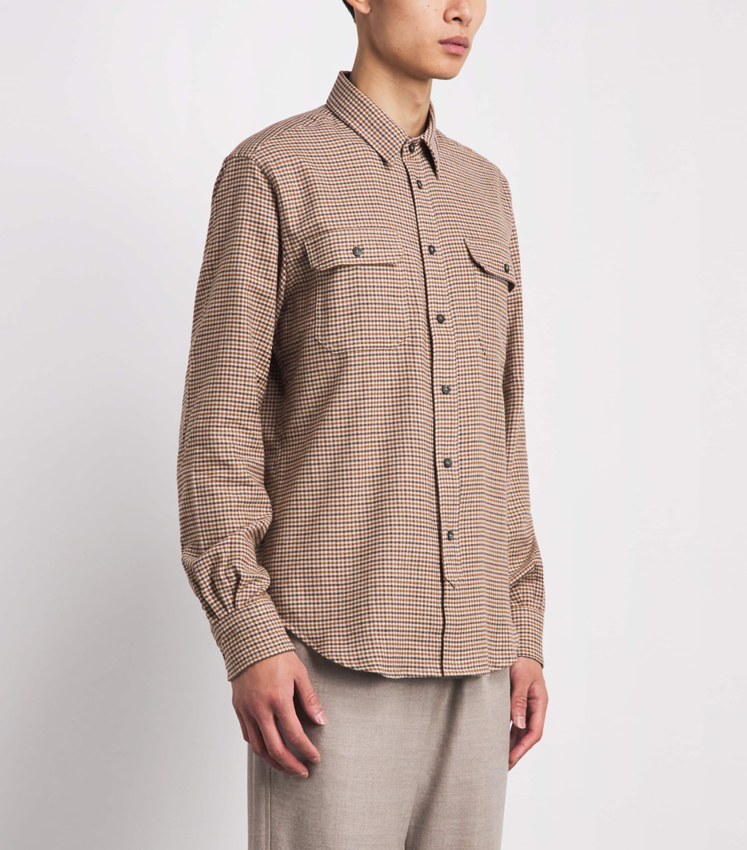 Sease Mens Brushed Cotton Flannel Military Shirt Brown Beige Image 4