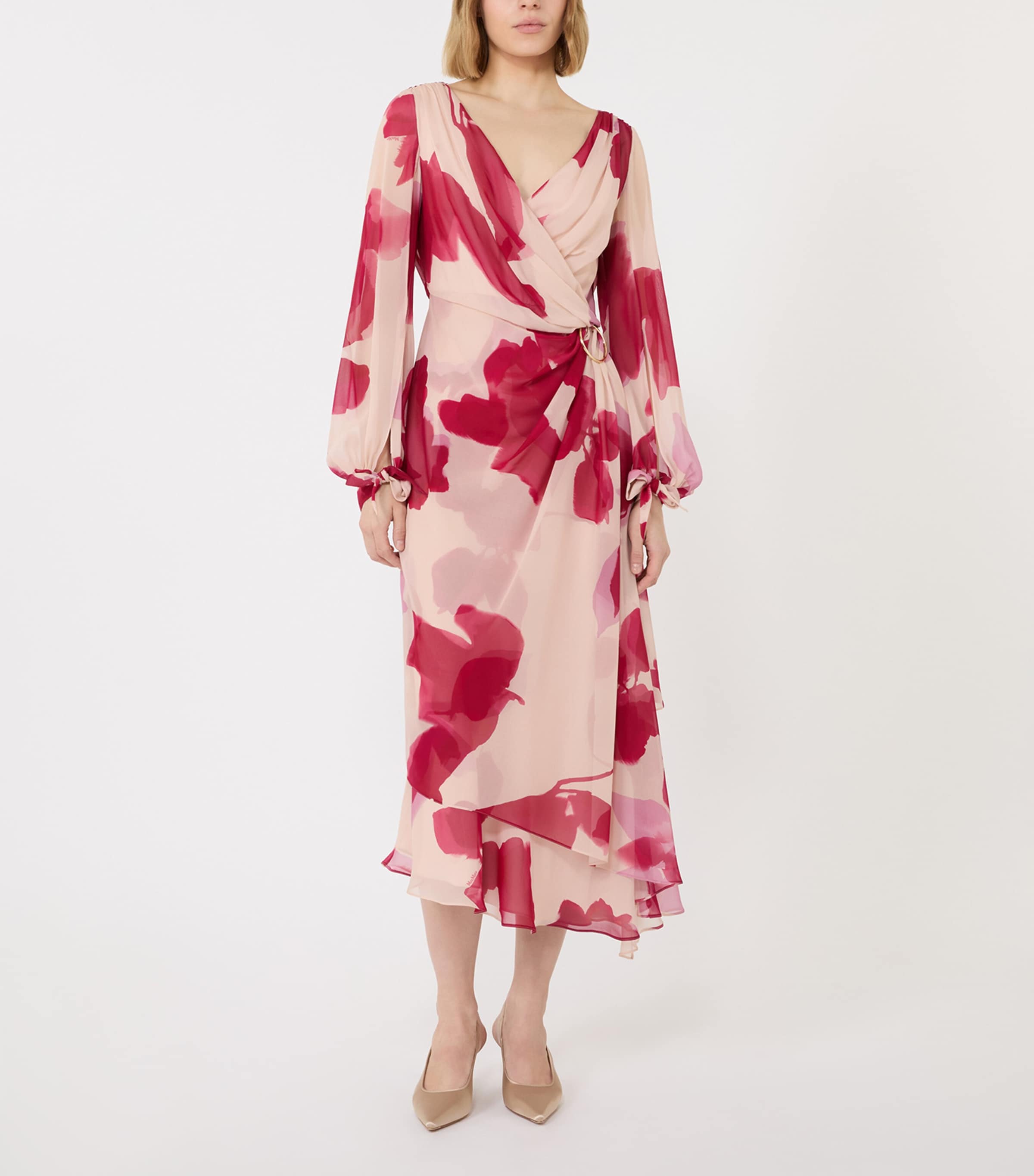Max Mara Womens Silk Floral Wrap Midi Dress Beige Image 2