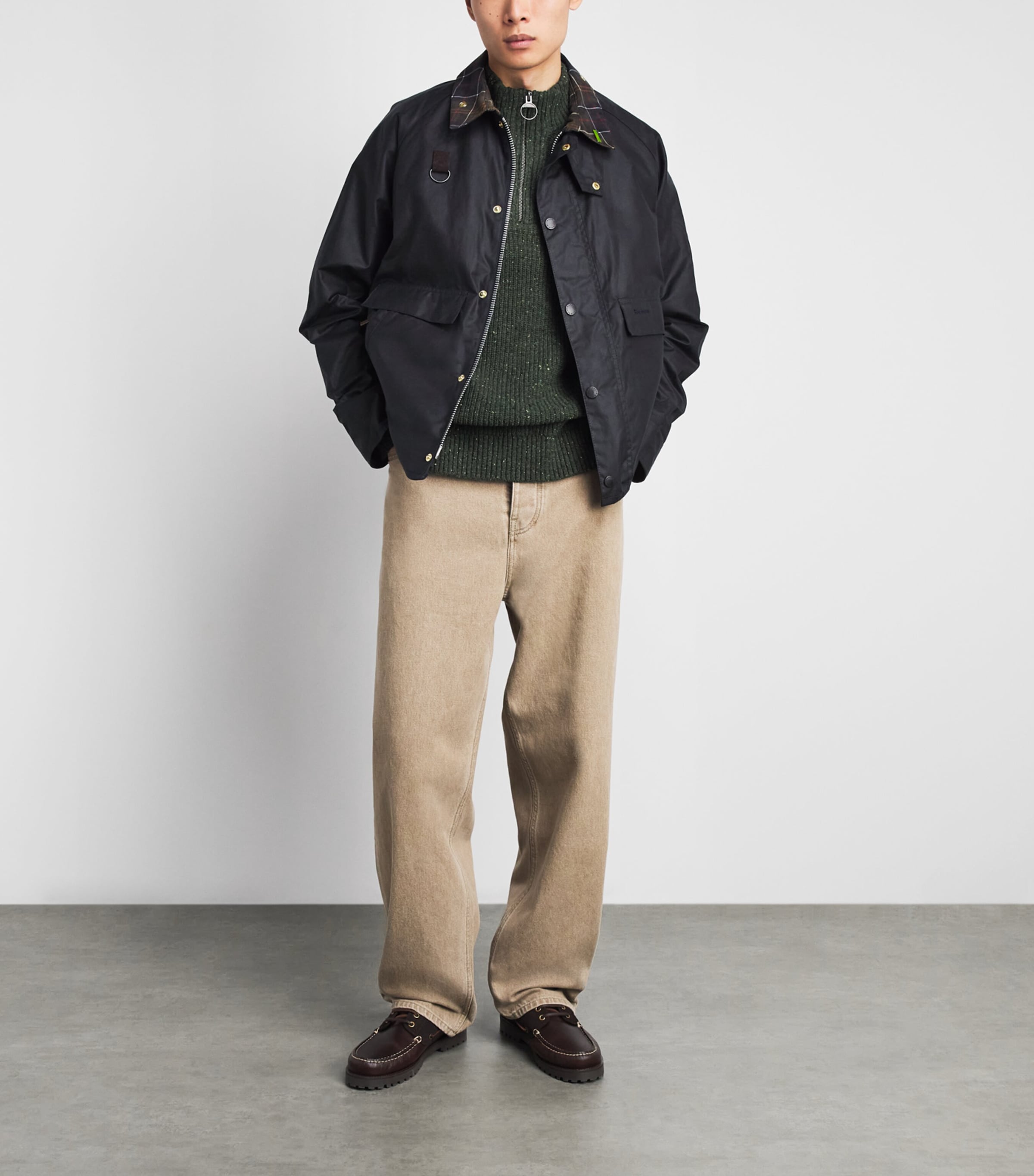 Barbour Mens Wool-Blend Essentials Fleck Quarter-Zip Sweater Olive Image 2