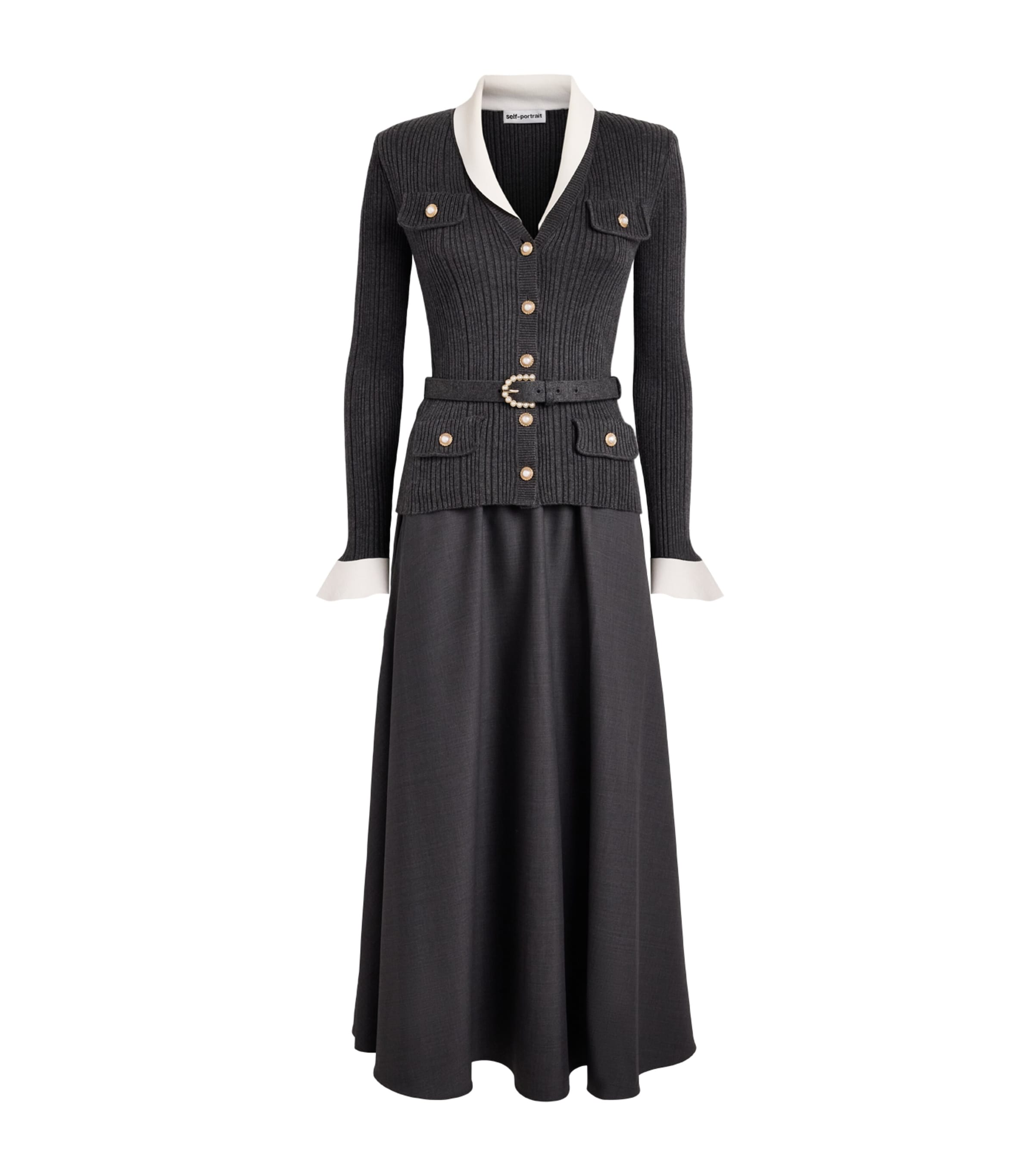 Self-Portrait Knit Twill Midi Dress Grey Image 1
