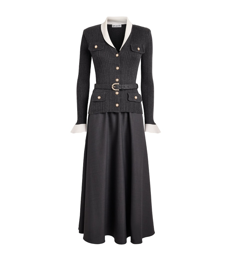 Self-Portrait Knit Twill Midi Dress Grey Image 1