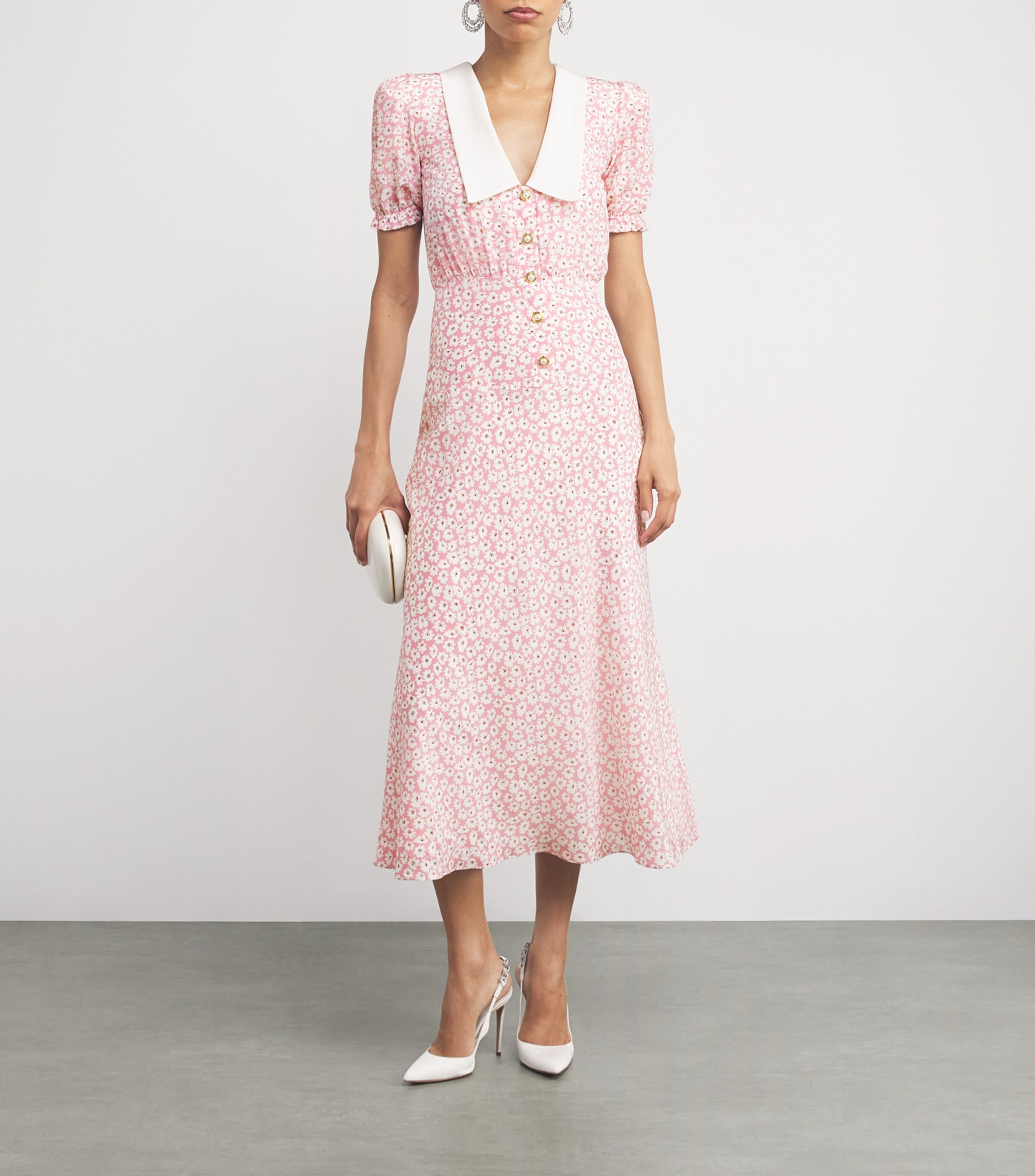Silk Floral Collar Midi Dress 1816 PINK-WHITE Image 2