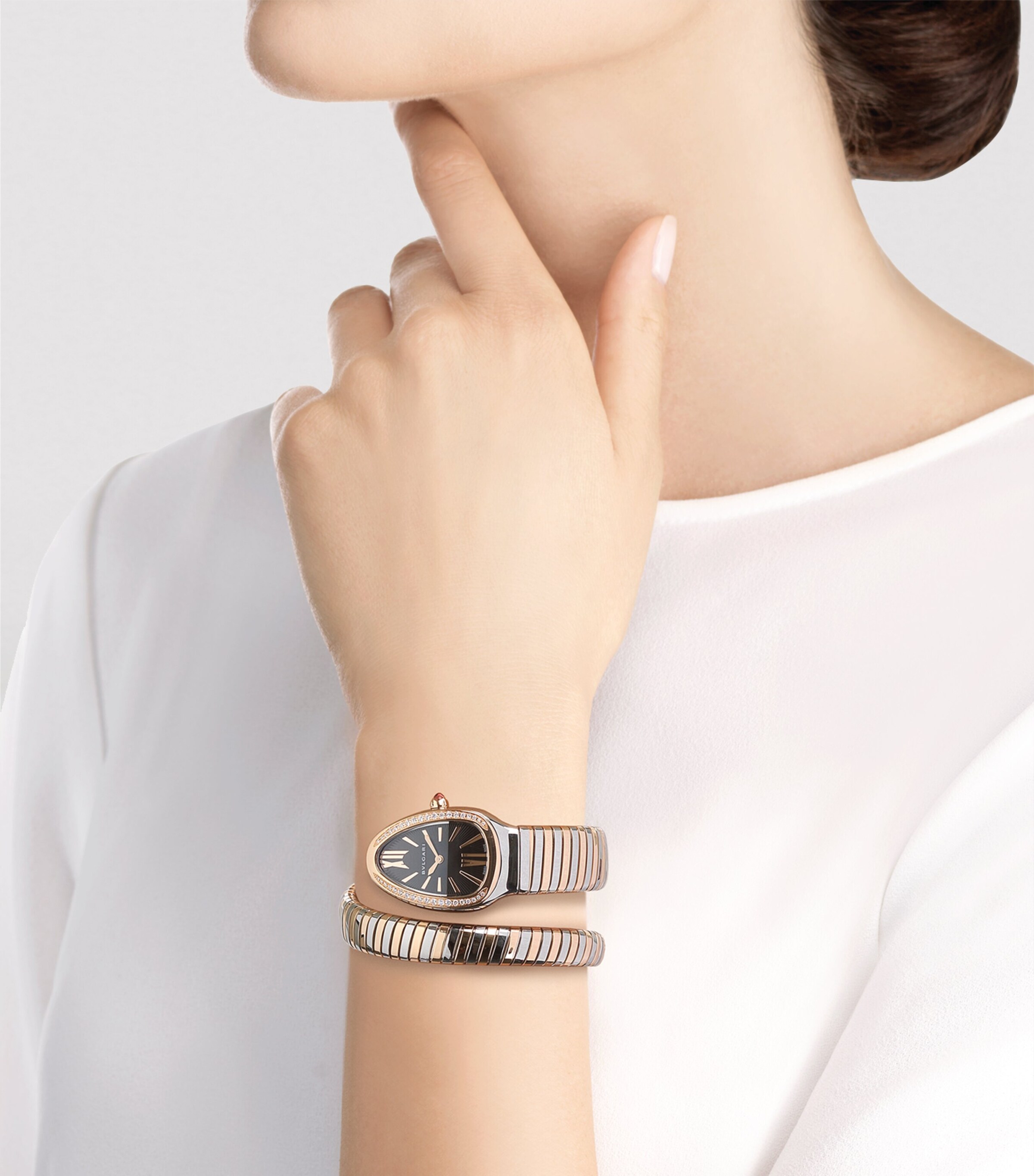 Bvlgari Stainless Steel, Rose Gold and Diamond Serpenti Tubogas Watch 35mm Black Image 4