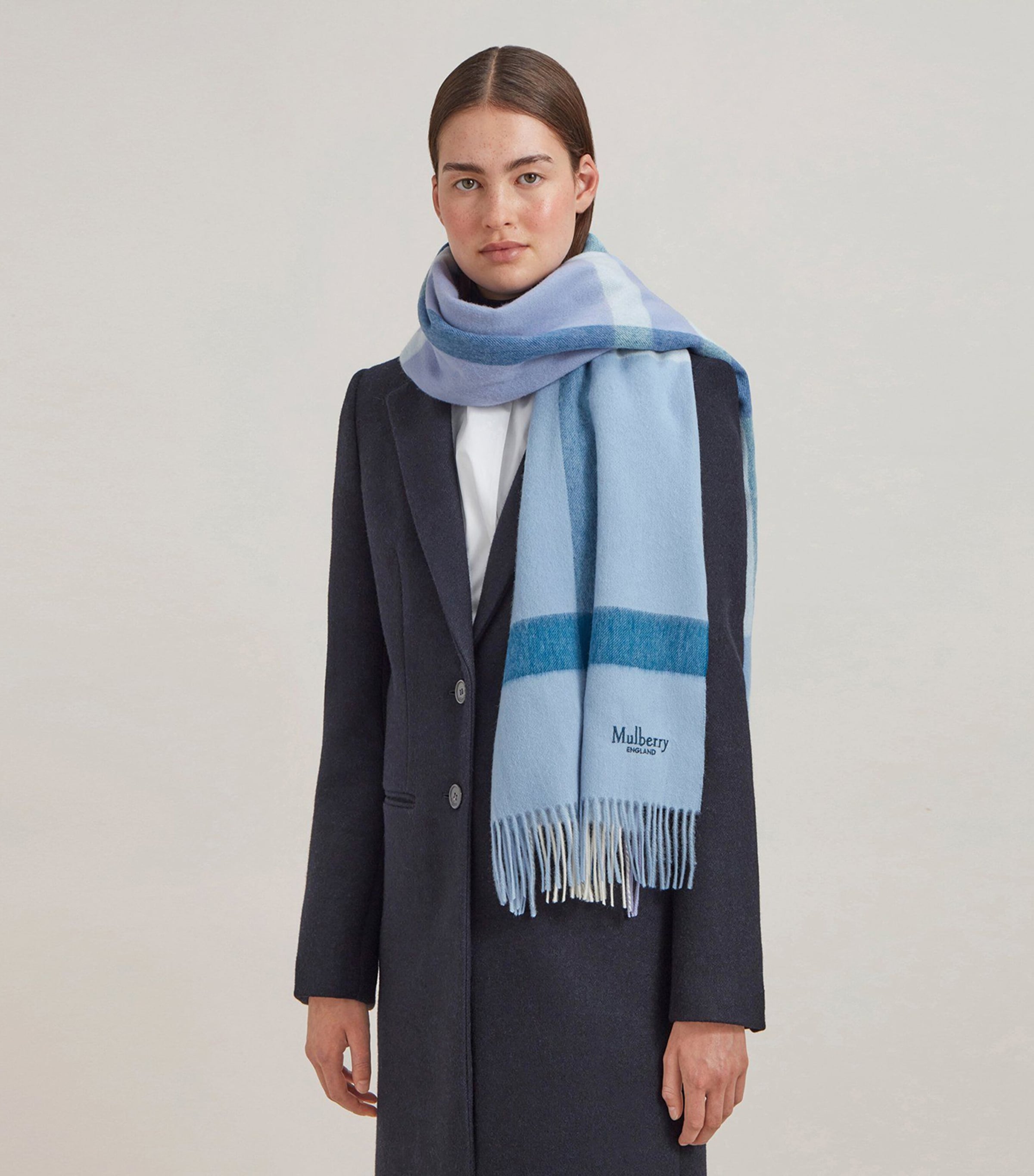 Large Merino Wool Check Scarf POPLIN BLUEWHITE Image 3