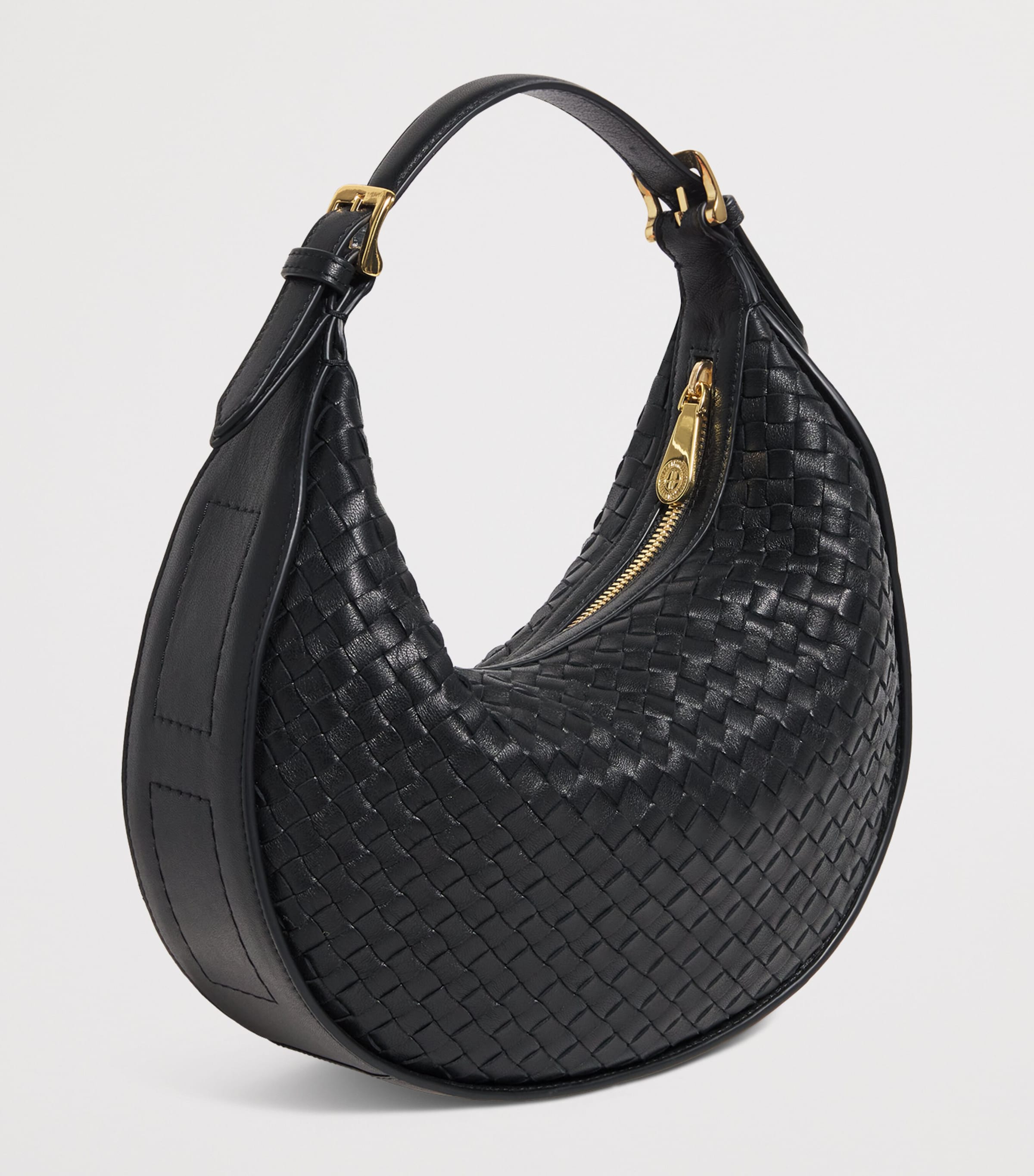 Harrods Small Leather Woven Crescent Shoulder Bag Black Image 3