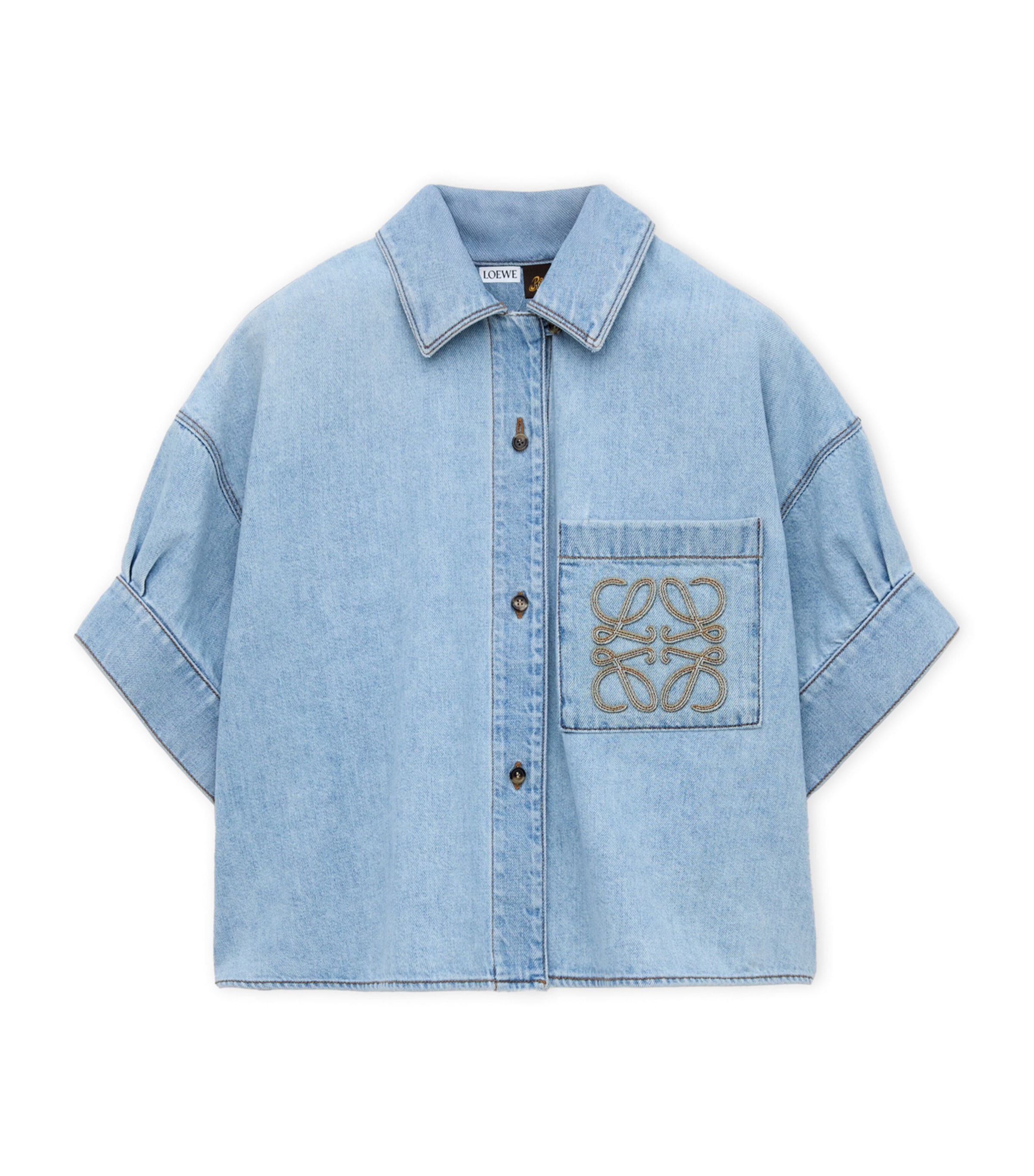 ロエベ LOEWE × Paulas Ibiza 総柄半袖シャツ S2299571P0 ブルー ポリエステル レディース 半袖シャツ LOEWE Blue x Paula's Ibiza Denim Anagram Short-Sleeve Shirt