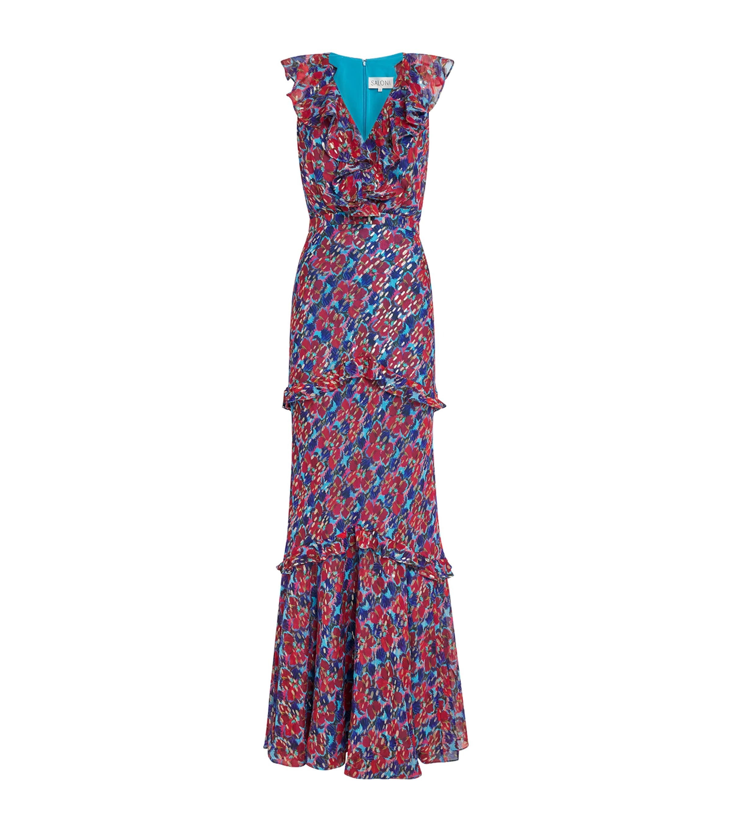 Saloni Rita Ruffled Floral-print Metallic Silk-georgette Gown In Pink