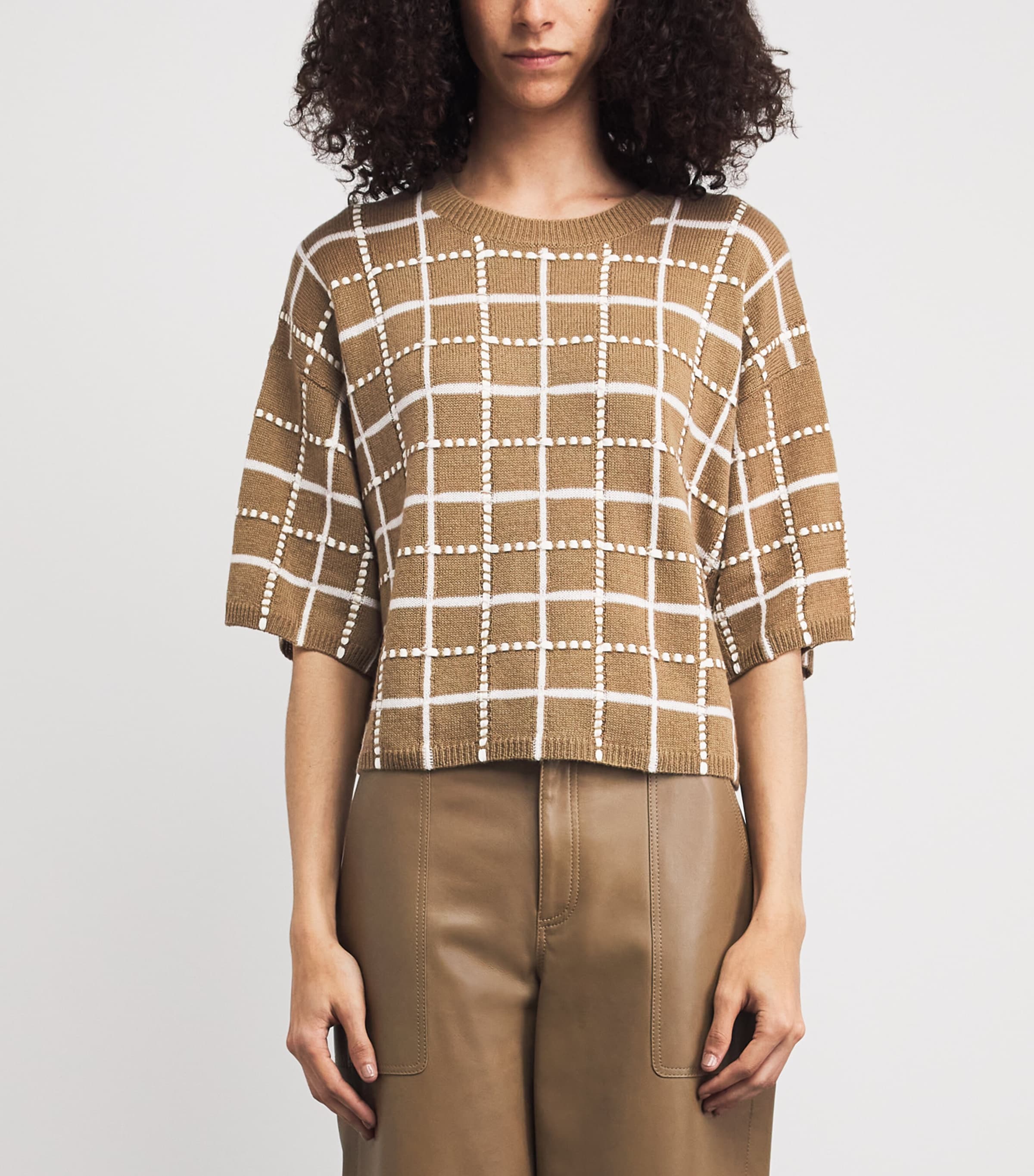Lafayette 148 Womens Cashmere-Linen-Blend Grid Sweater Cdkmu Cadet Khki Mlt Image 4