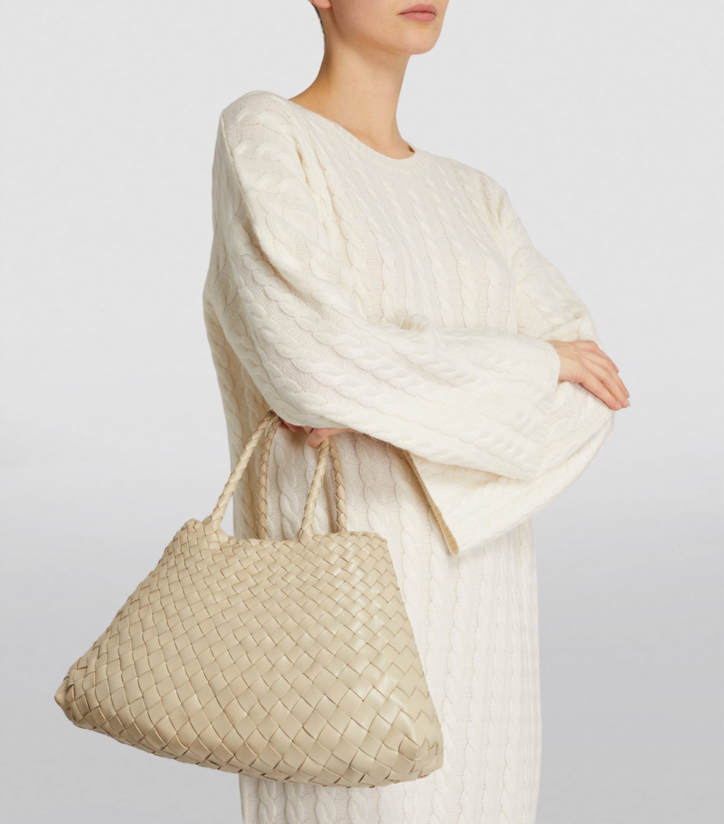 DRAGON DIFFUSION Ivory Small Leather Woven Santa Croce Tote Bag