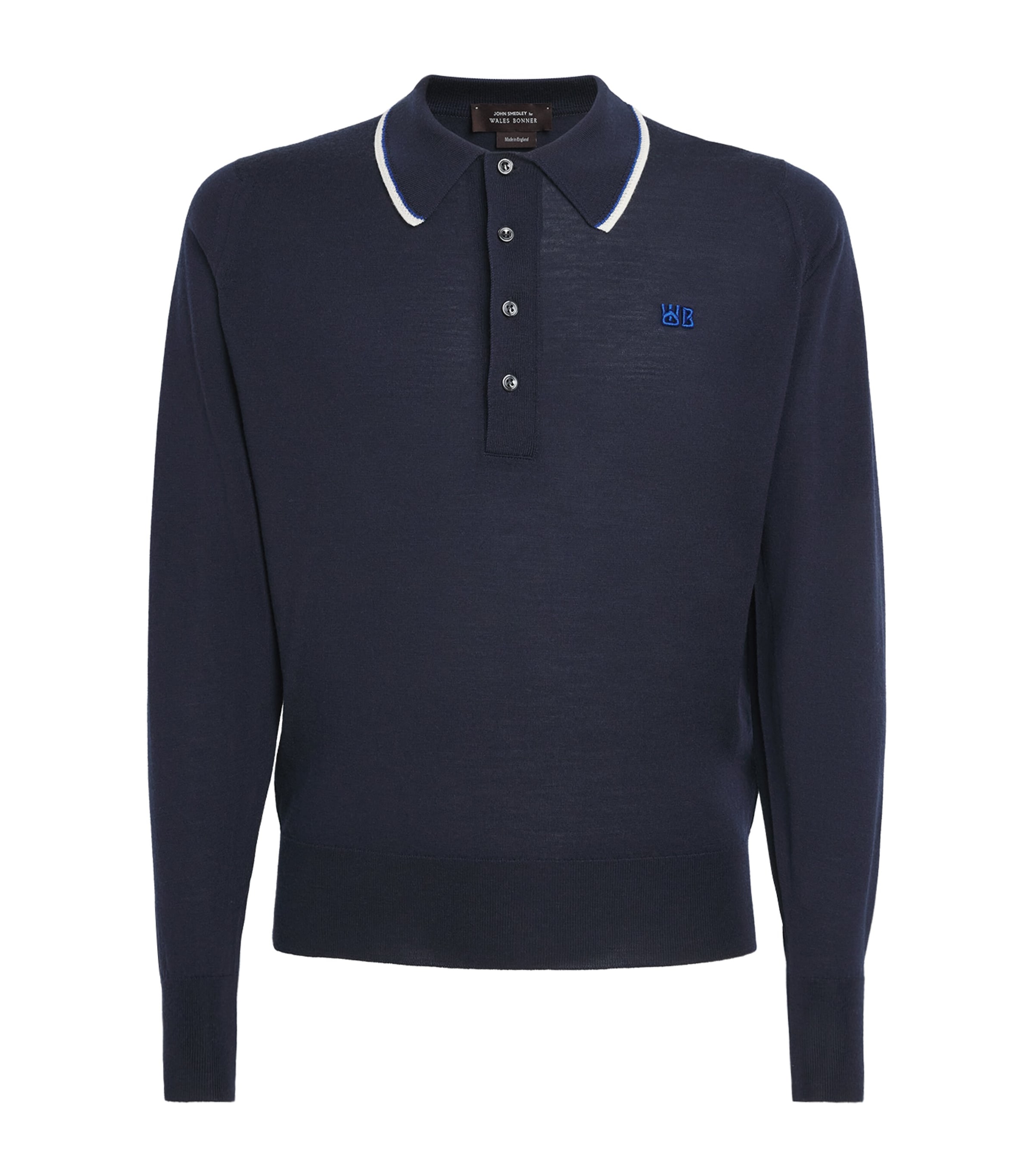 Wales Bonner Mens x John Smedley Merino Henry Polo Sweater Navy Image 1