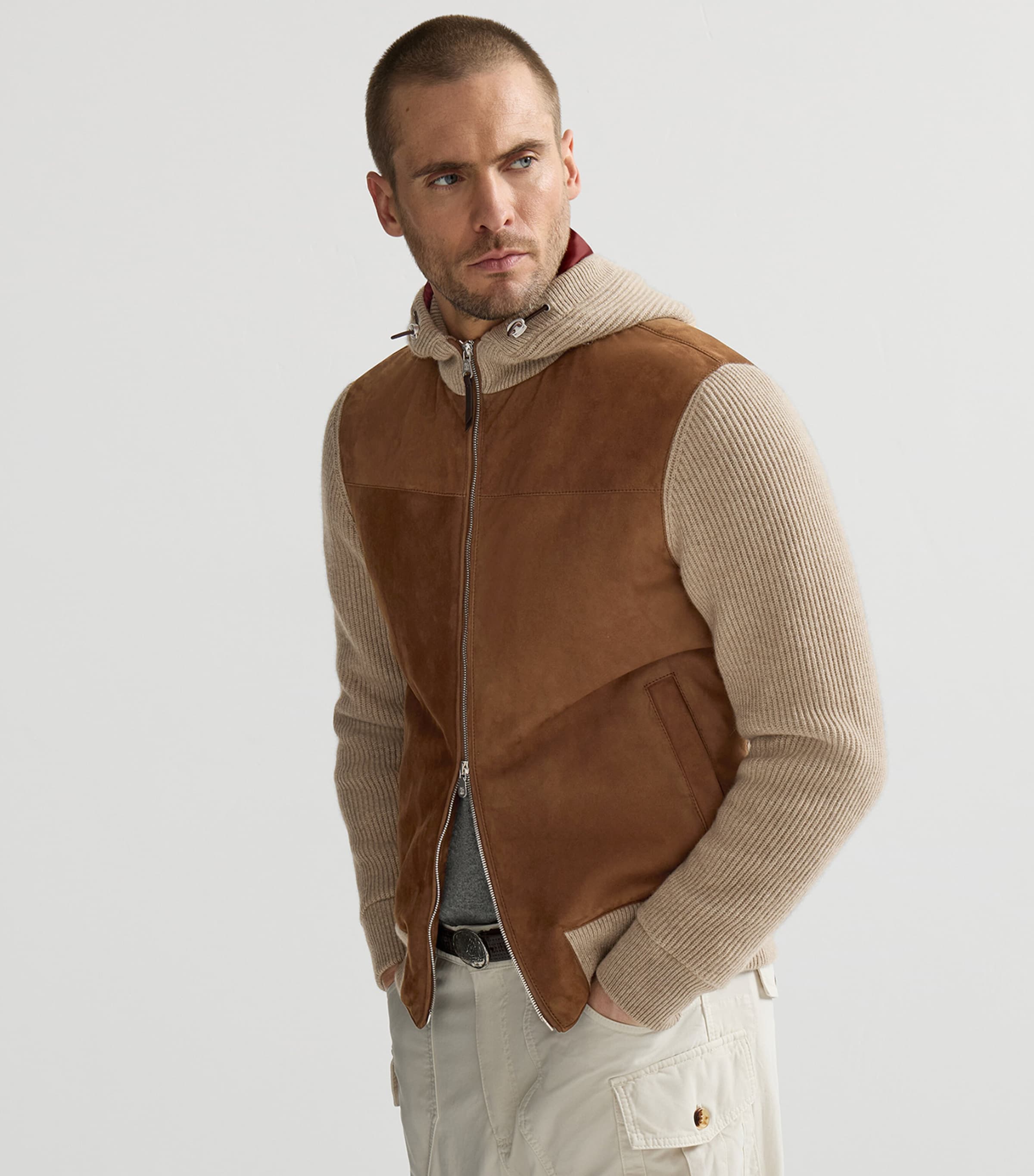 Brunello Cucinelli Mens Ribbed Suede-Panel Hooded Jacket Image 4
