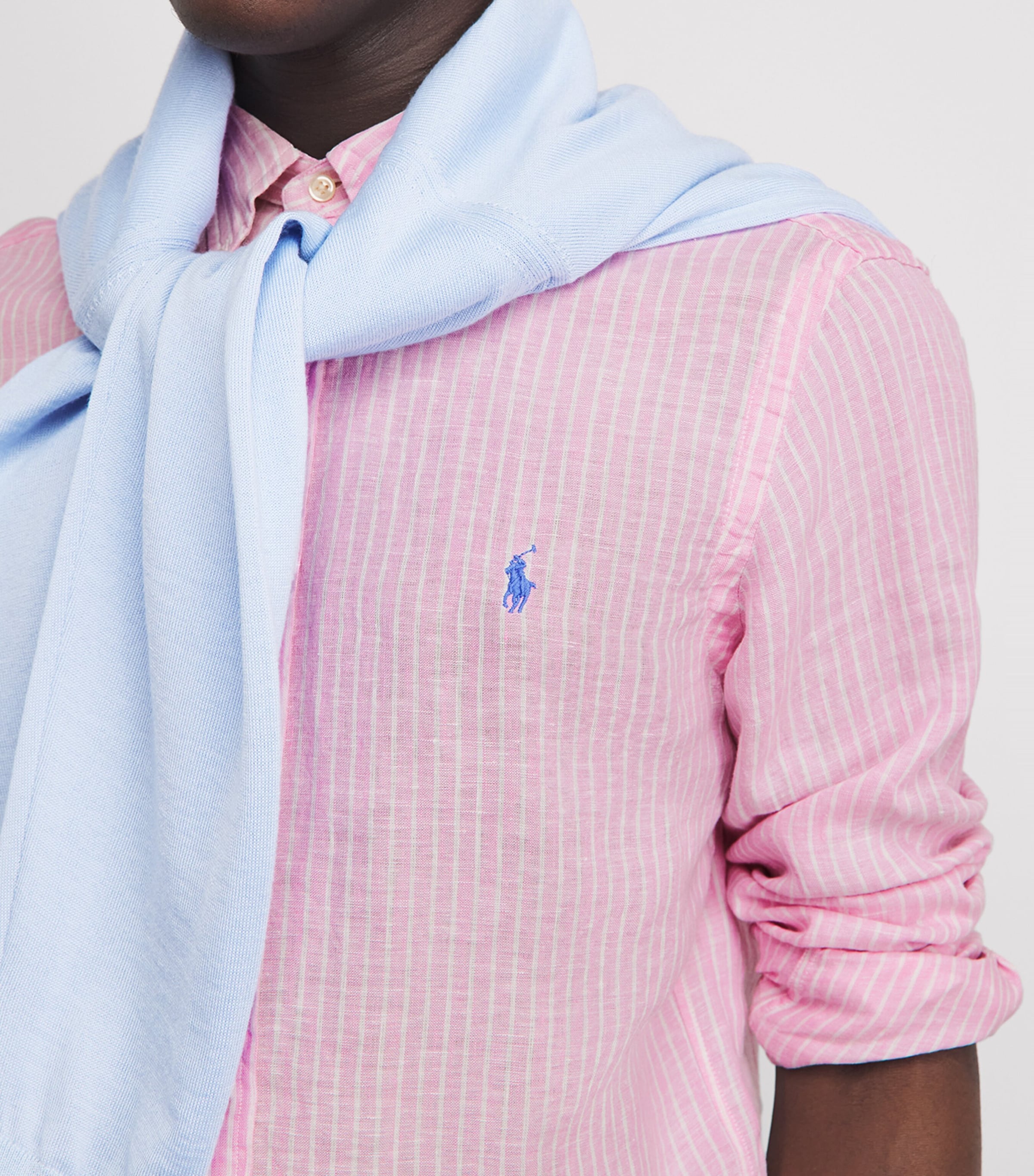 Polo Ralph Lauren Mens Linen Custom-Fit Stripe Shirt Pink White Image 3