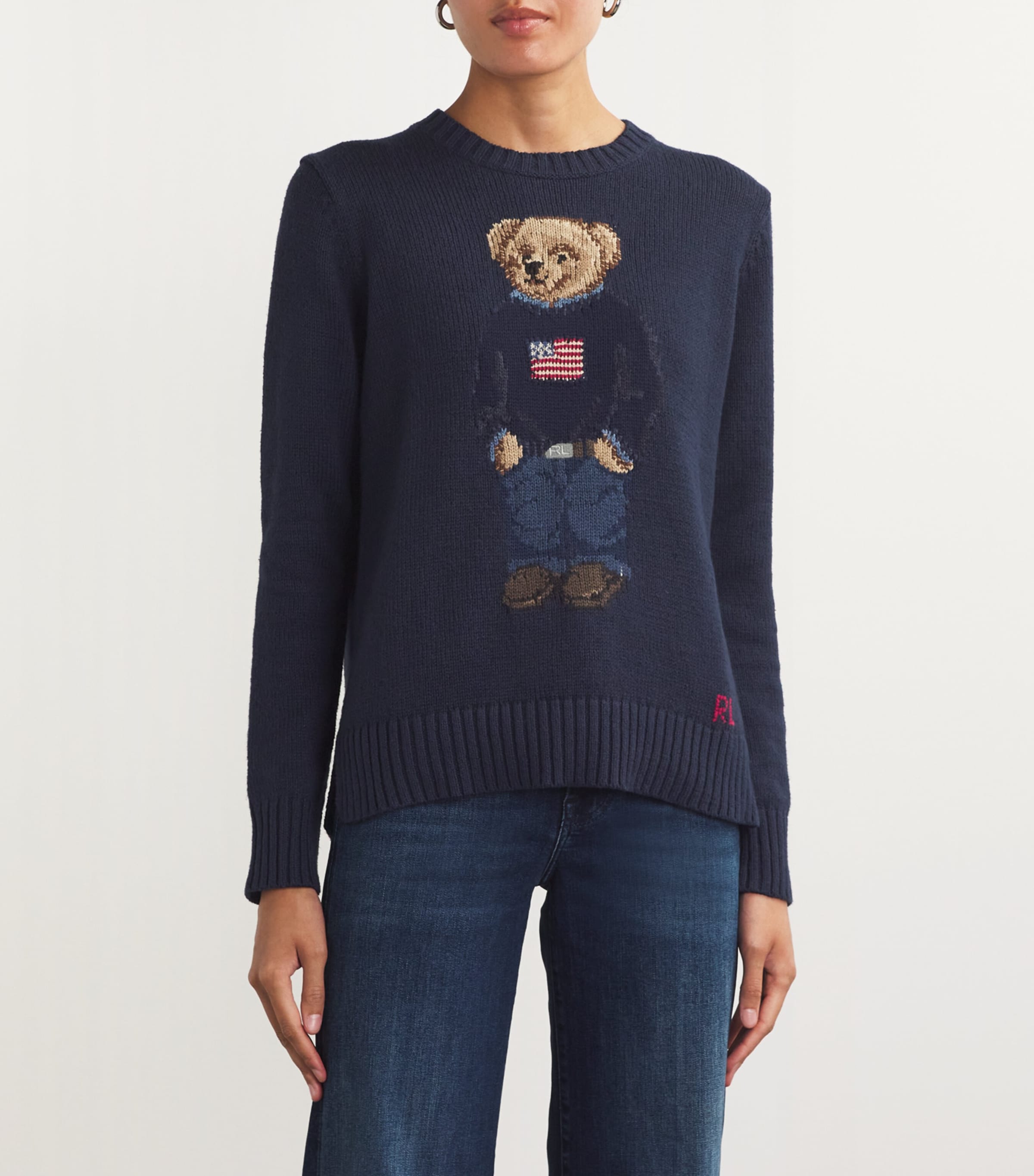 Cotton-Linen Polo Bear Sweater NAVY MULTI Image 3