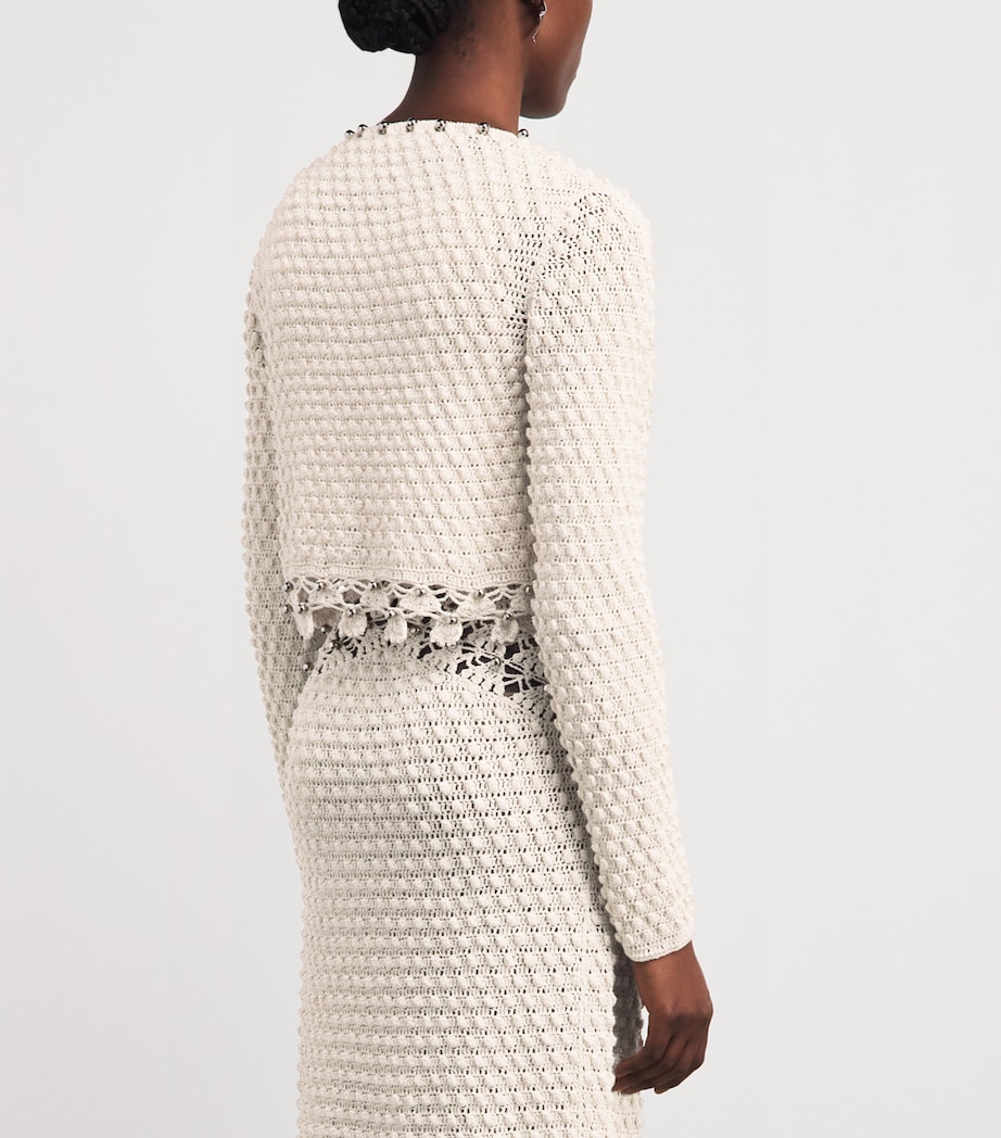 Rabanne Womens Cotton Crochet Tie-Detail Cardigan Ecru Fluffy Image 5