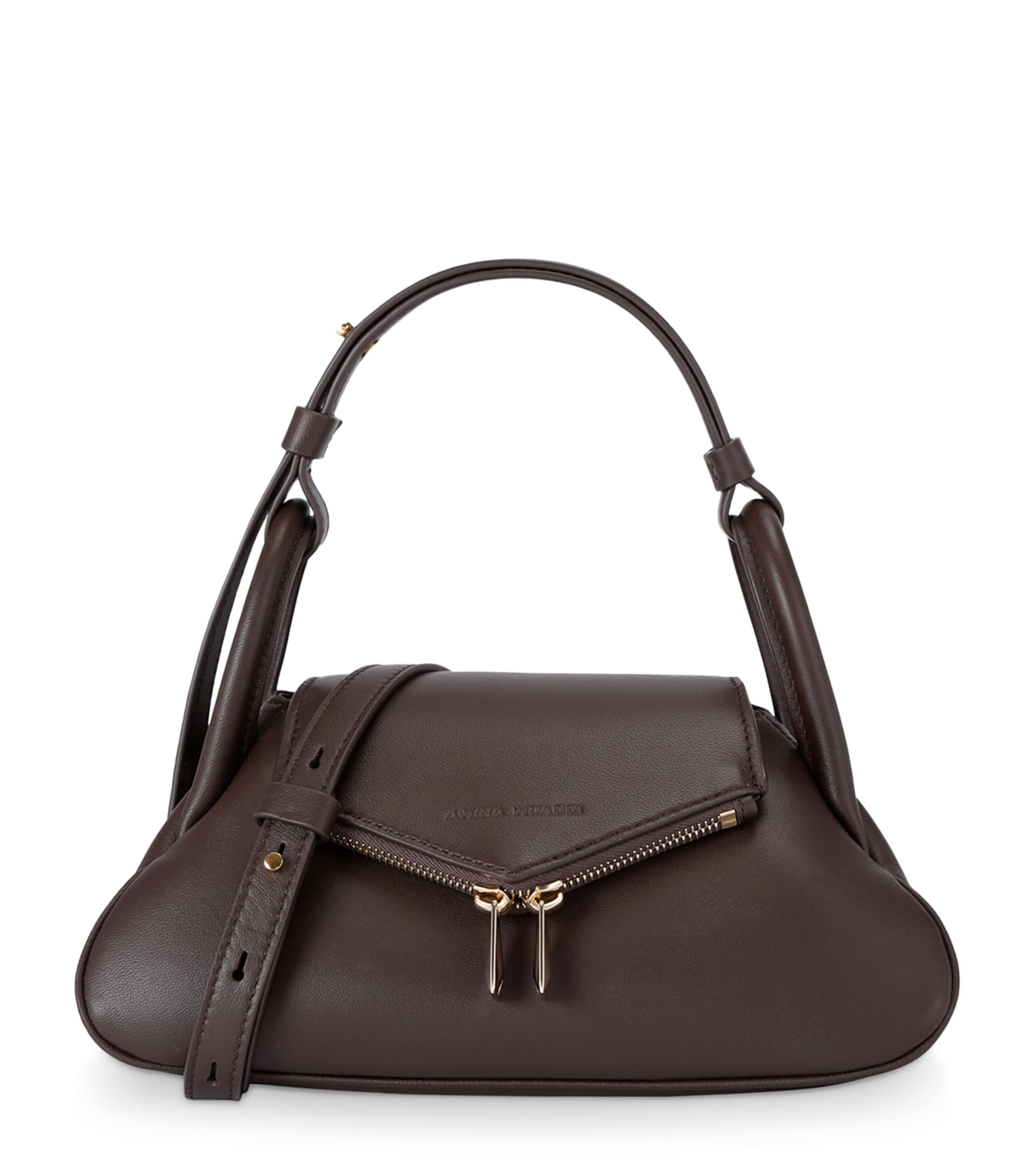 Amina Muaddi Gemini Small Zip Leather Shoulder Bag In Brown