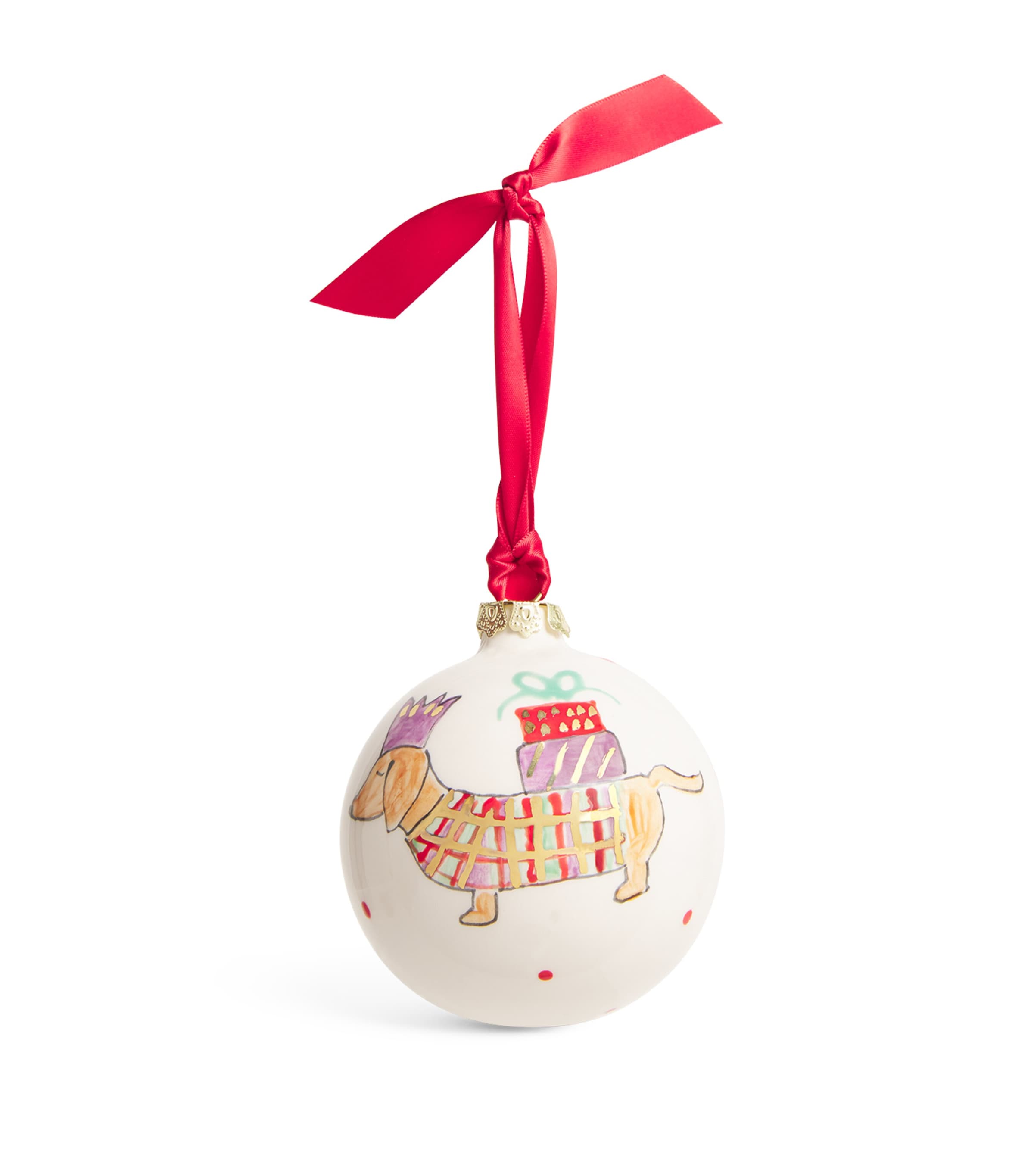 Jayne Redmond Tartan Sausage Dog Bauble In White