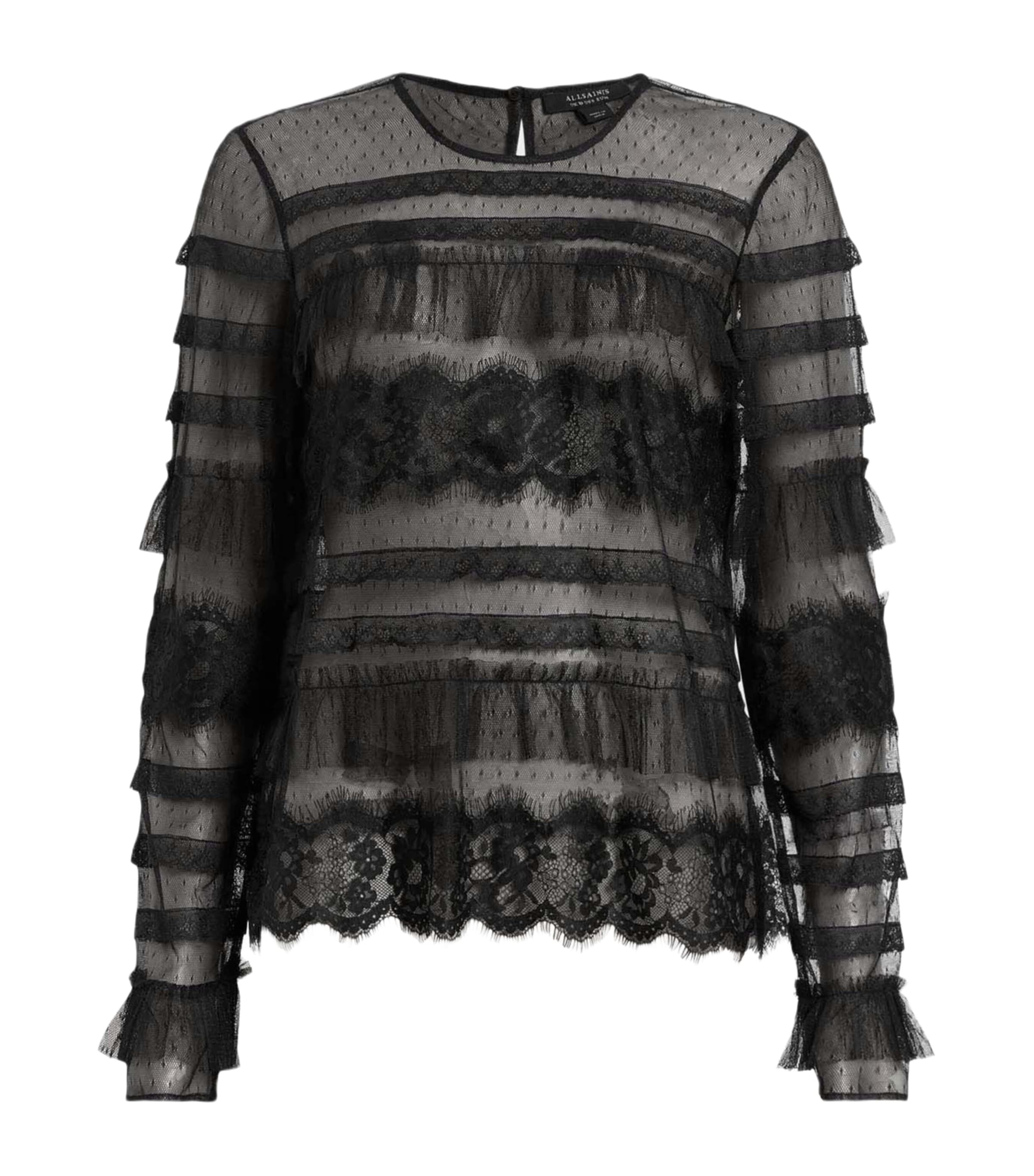 Allsaints Womens Black Arlea Lace-trim Long-sleeve Woven Top In Black