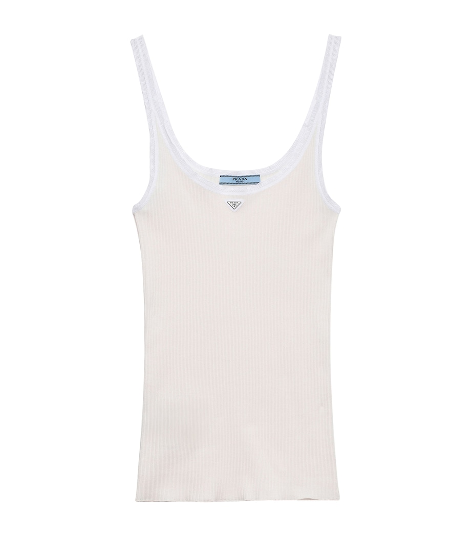 Prada Womens Cotton Ribbed Logo Tank Top White Image 1