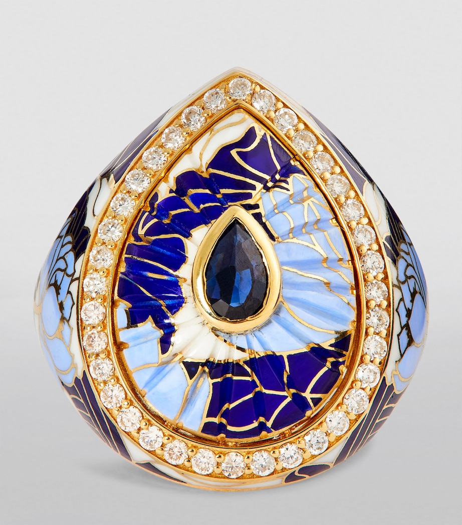 Yellow Gold and Diamond Chinoiserie Bond Ring BLUE WHITE Image 3