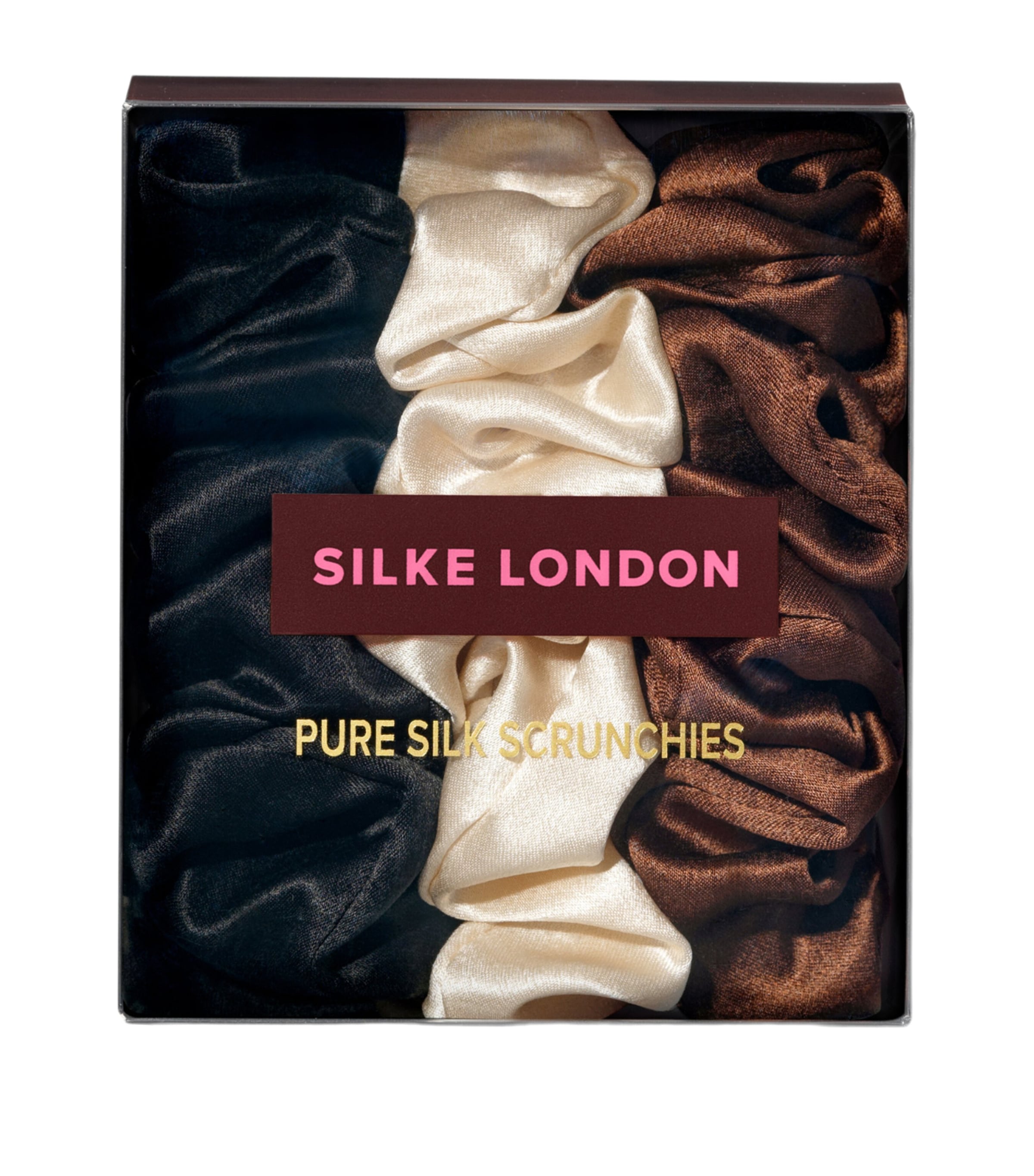 SILKE Mulberry Silk Hair Scrunchies (Set of 3) Classic Mix Brown, Champagne Image 3