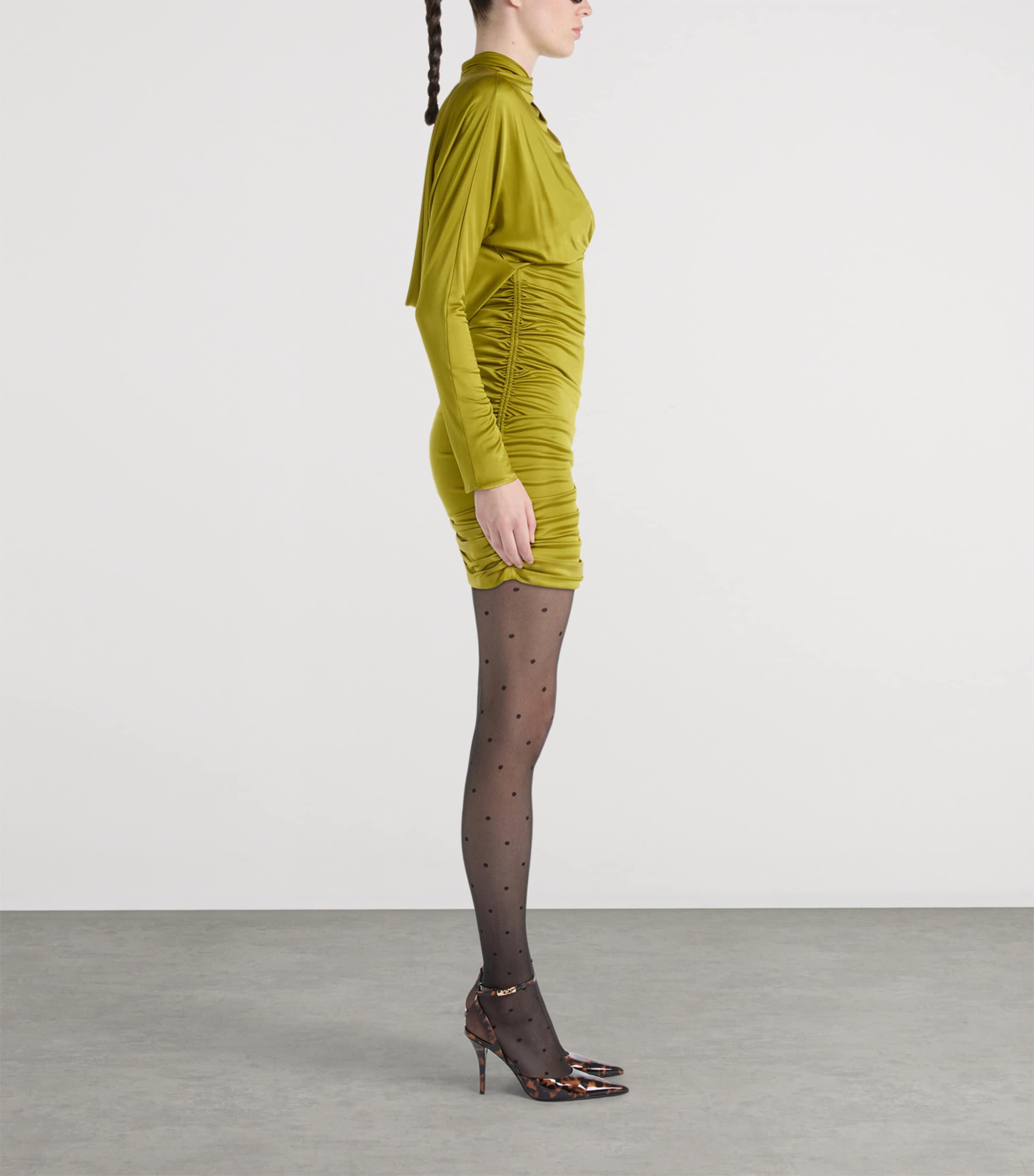 Balmain Womens Draped Long-Sleeve Mini Dress Green Vert Pomme Image 4