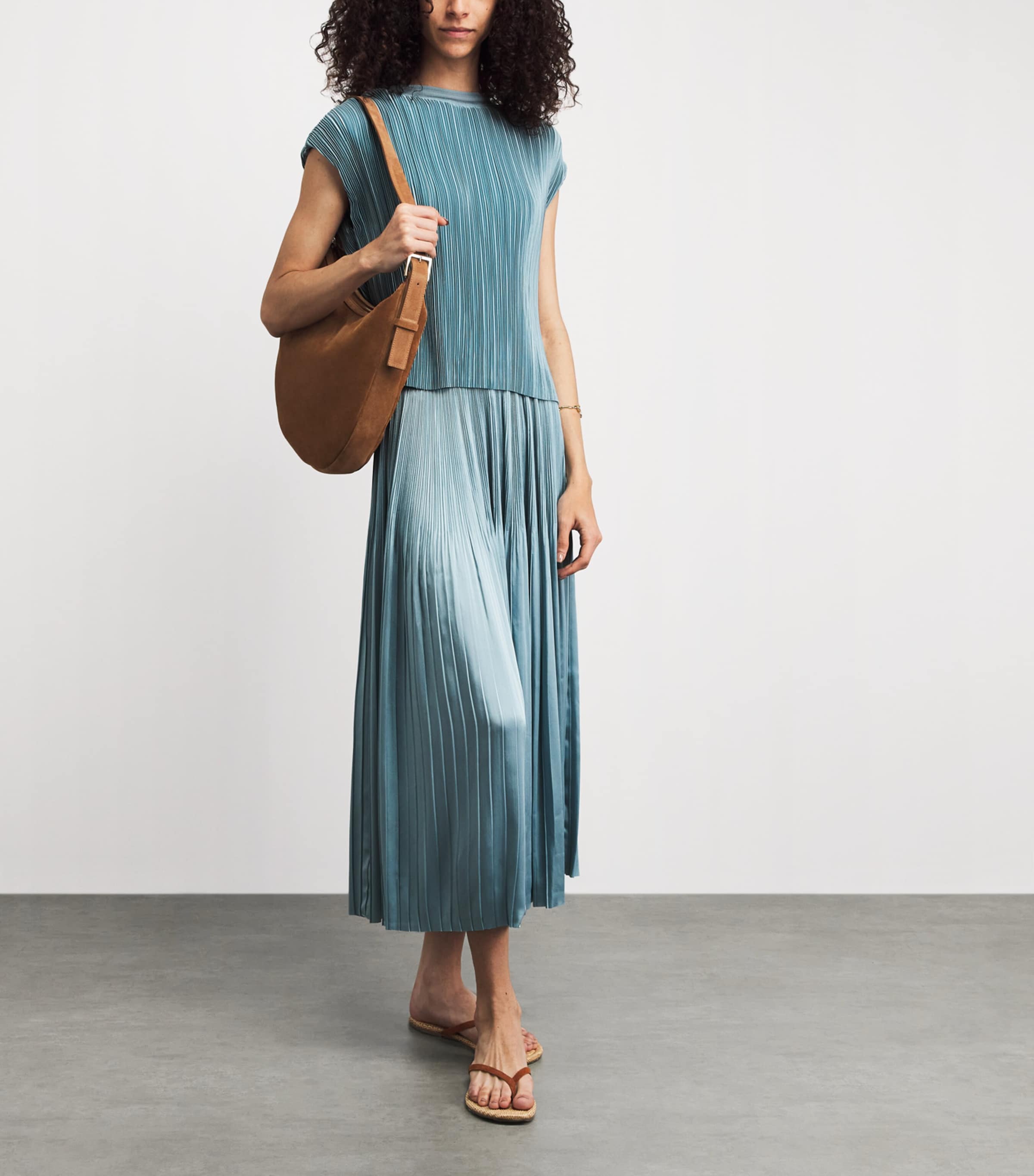 Joseph Womens Satin Pleated Rabat Midi Skirt Chambray Image 2