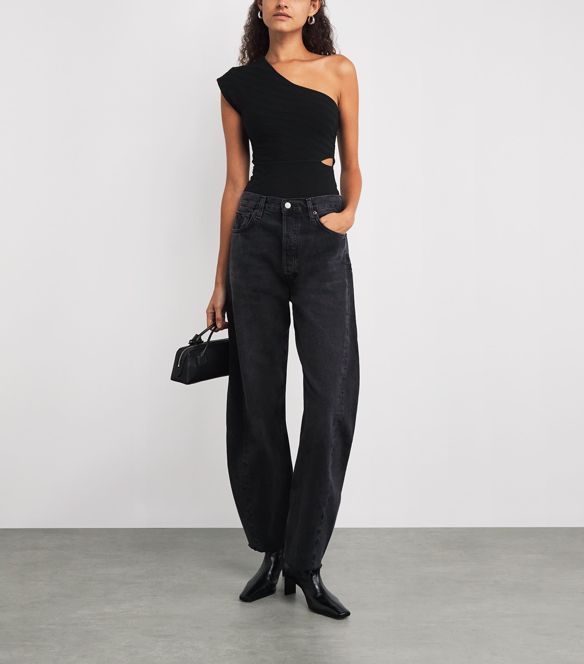 Rib-Knit Asymmetric Bodysuit BLACK Image 2