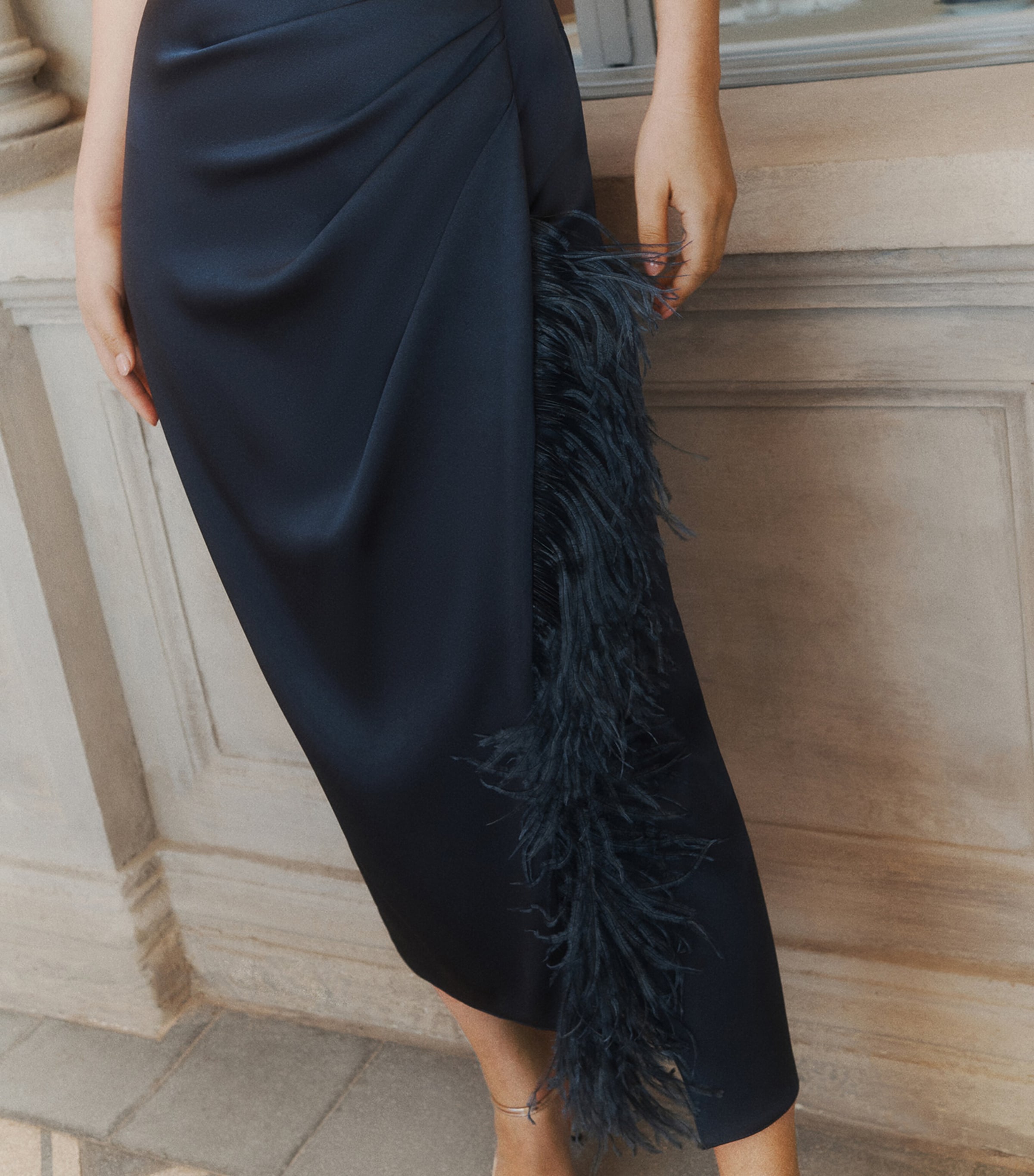 Marella Womens Satin Feather-Trim Pencil Skirt Aviation Image 5