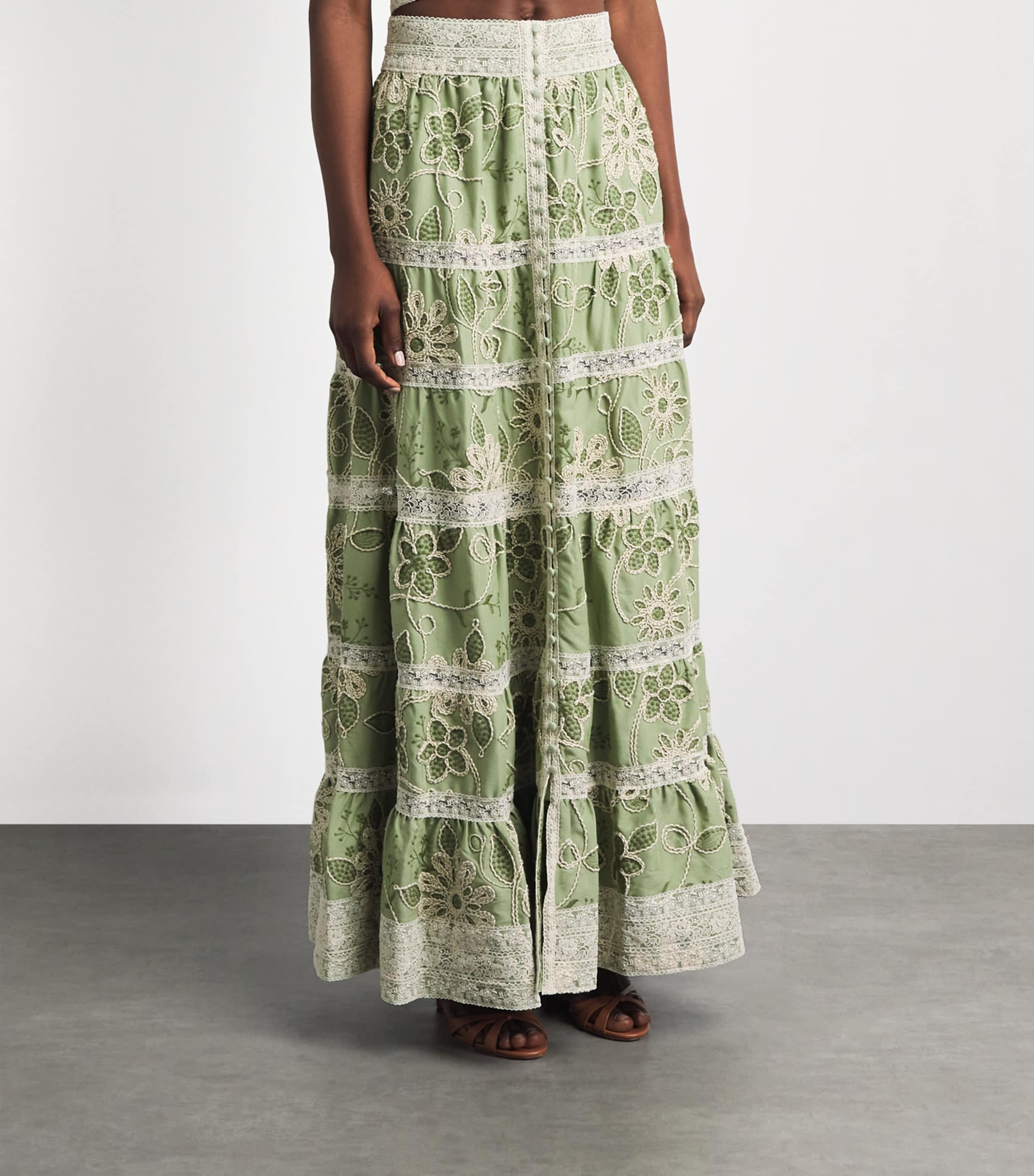 Alice+Olivia Womens Embroidered Adira Maxi Skirt Green Lily/oatmeal Image 4
