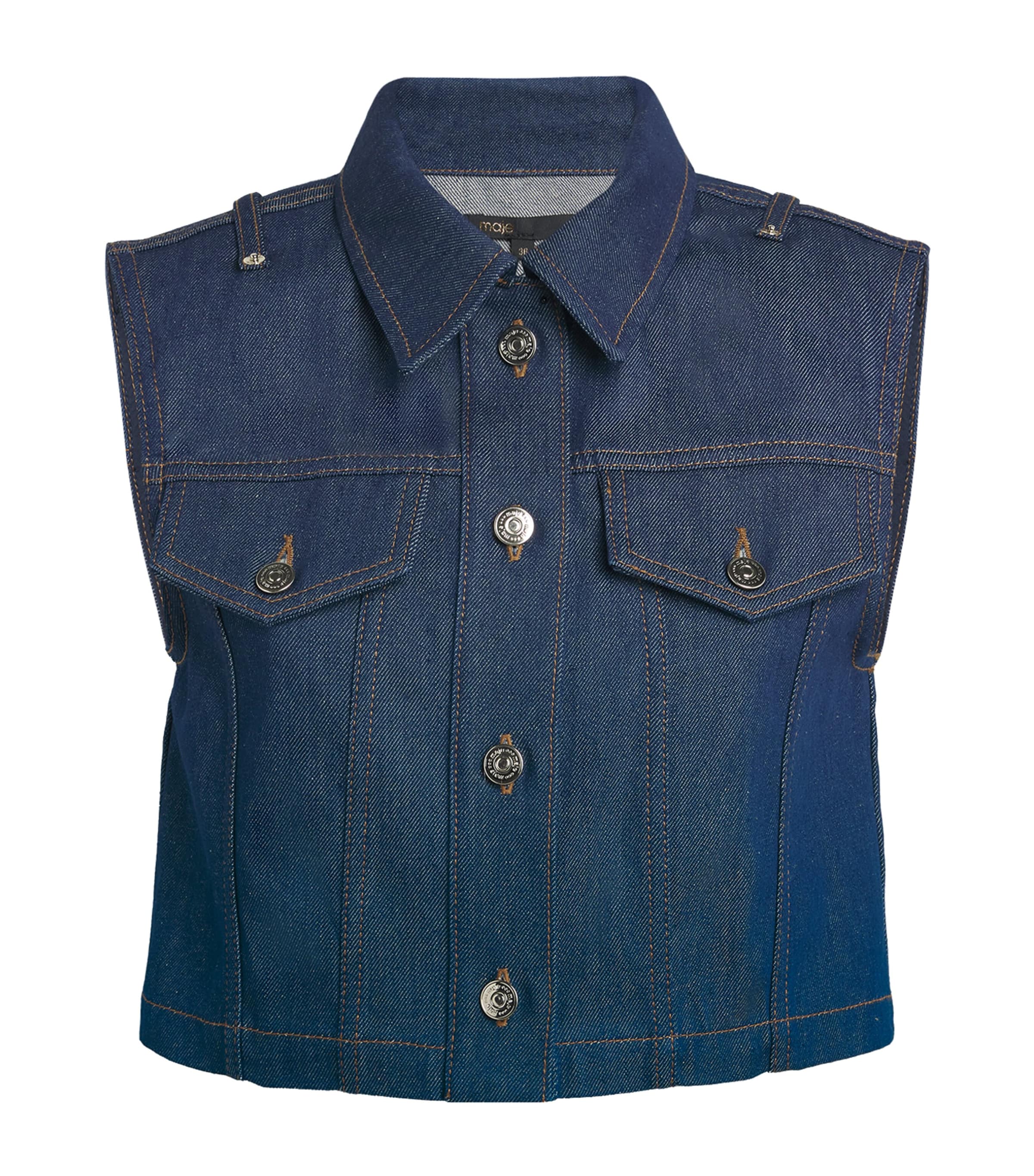 Maje Cropped Denim Jacket In Blue
