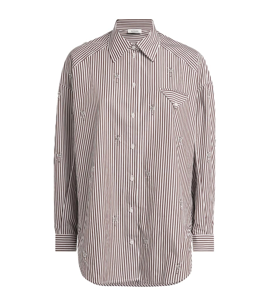 Sandro Paris Womens Cotton Stripe Embellished Shirt Brown Image 1