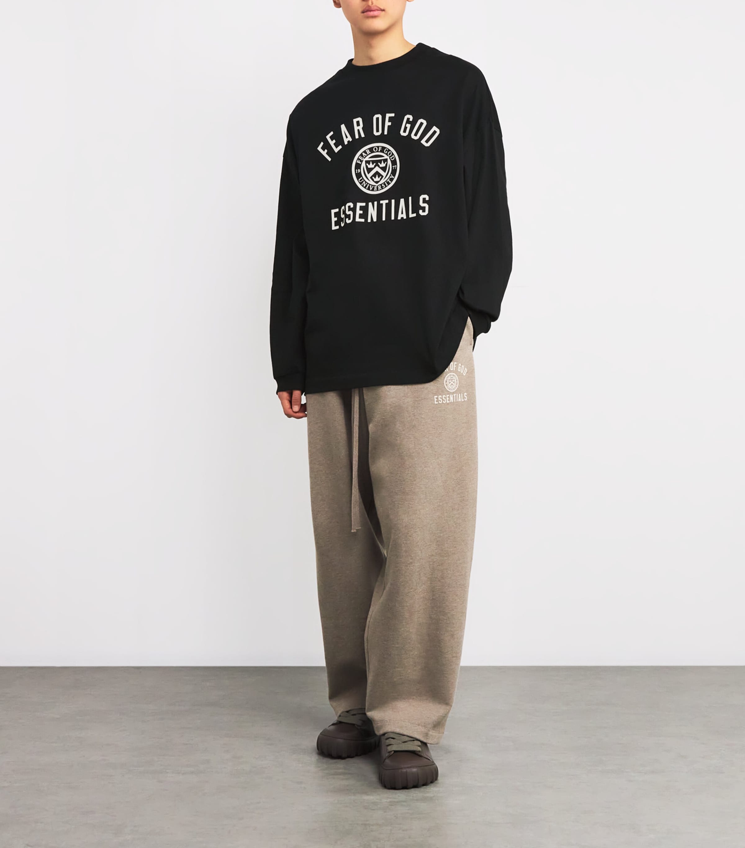 FEAR OF GOD ESSENTIALS Black University Crest Logo Long-Sleeve T