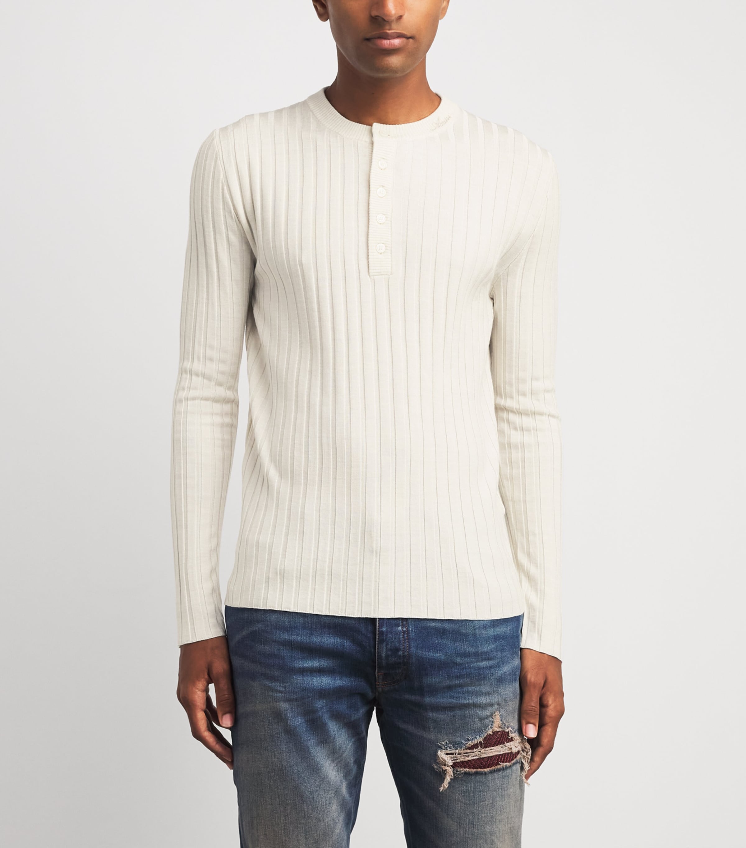 AMIRI Mens Wool-Blend Script Henley Sweater Alabaster Image 4