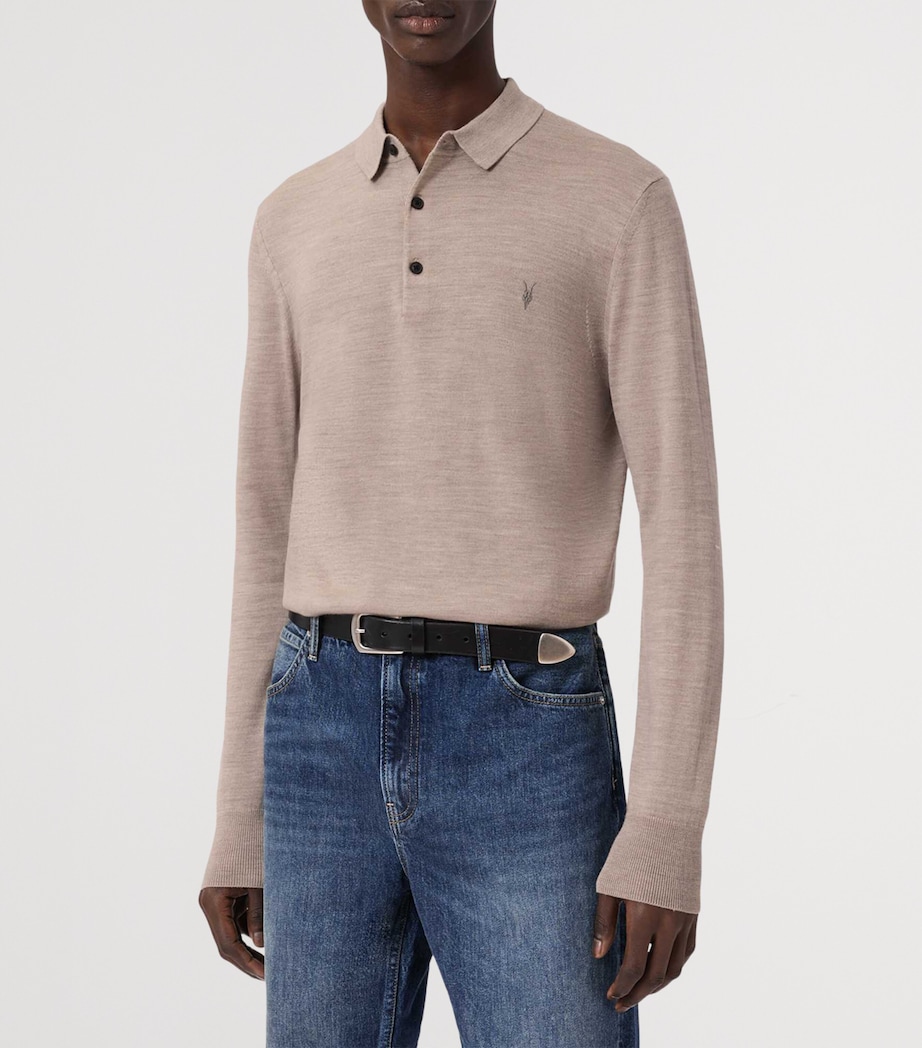 AllSaints Mens Merino Wool Mode Polo Shirt Stone Taupe Image 6