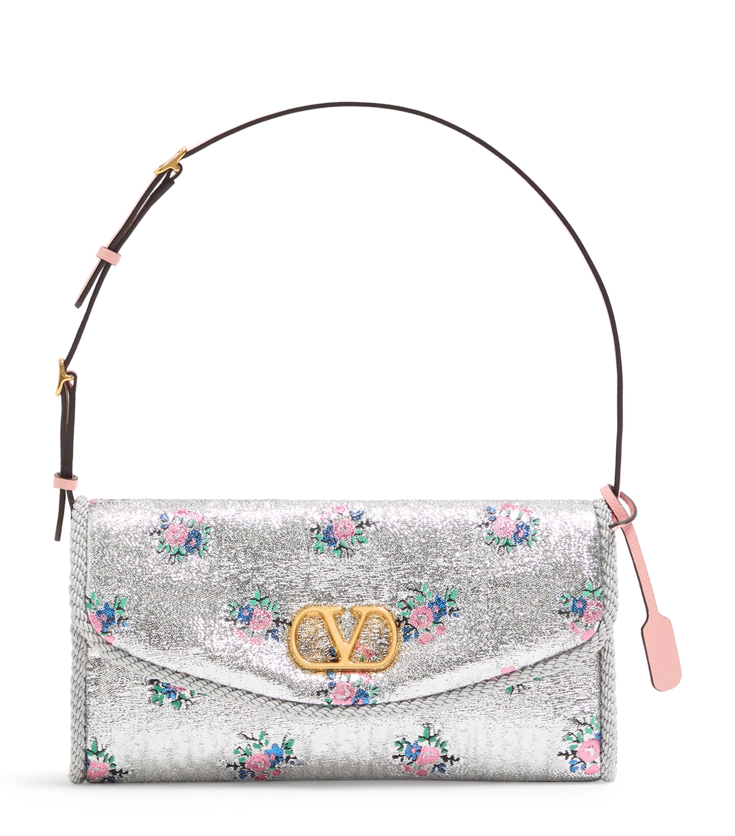 Valentino Small Floral Jacquard Devain Shoulder Bag In Silver