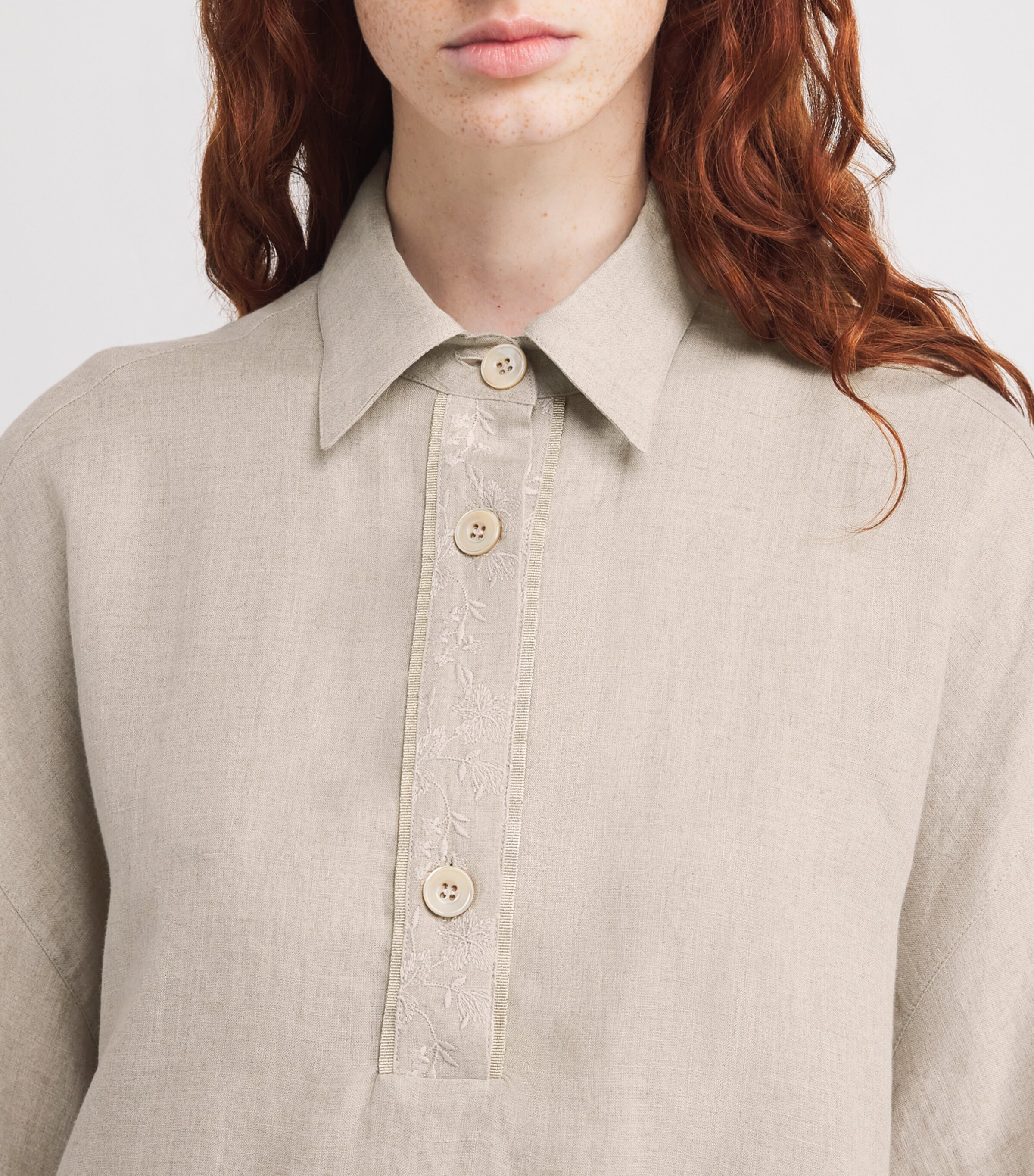 Eleventy Womens x Harrods Linen Embroidered Collared Shirt Sabbia Image 6