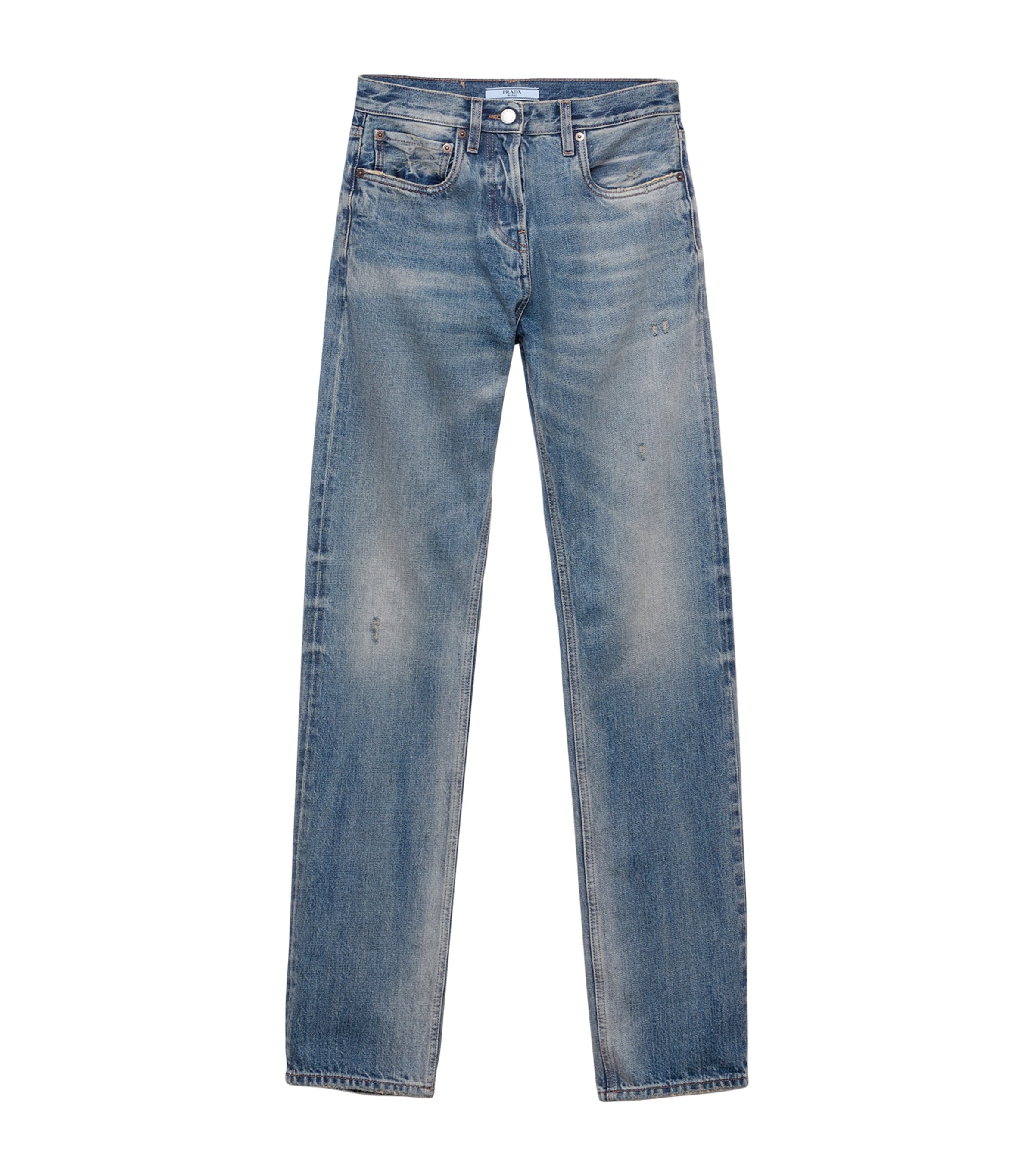 Prada Womens Distressed Low-Rise Straight Jeans Image 1