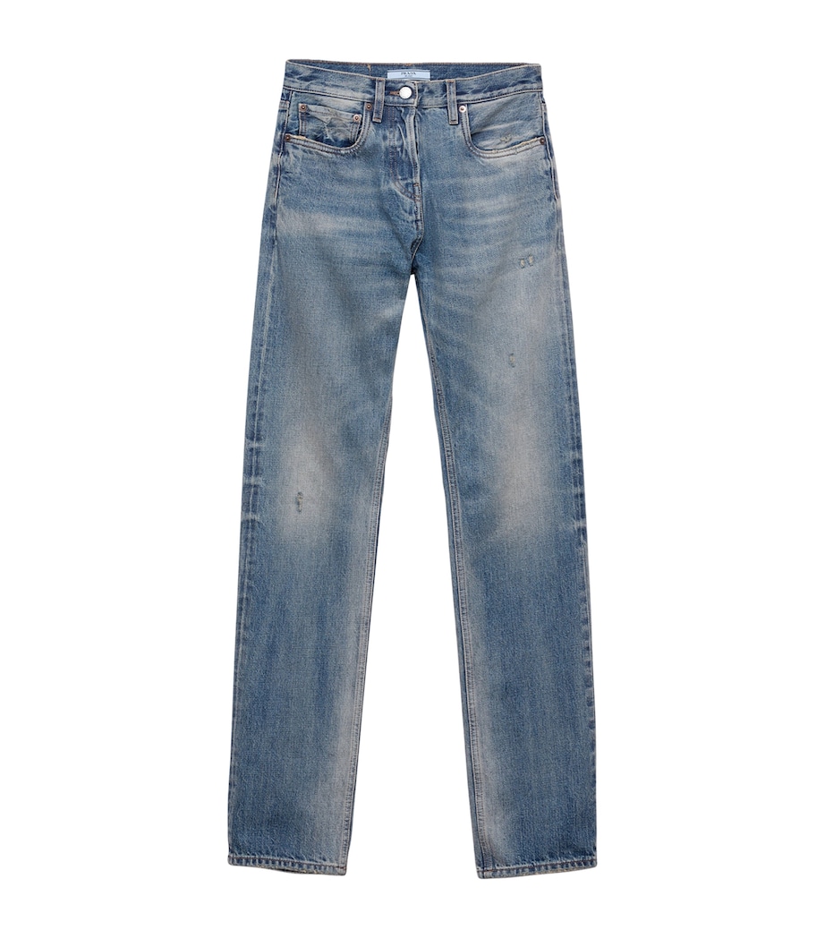 Prada Womens Distressed Low-Rise Straight Jeans Image 1