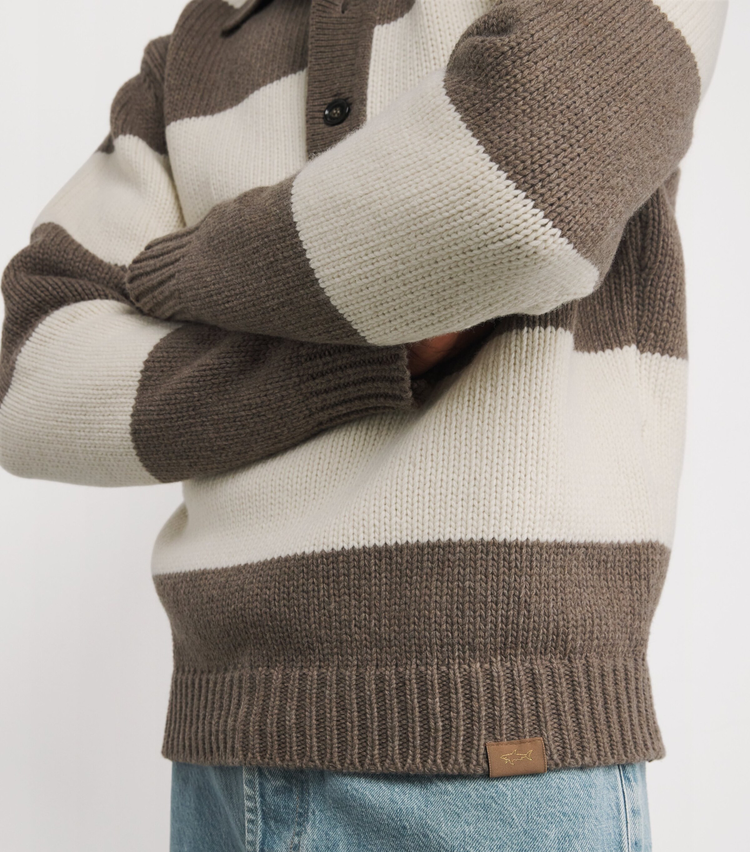 Wool-Blend Stripe Polo Shirt 299BROWN-WHITE Image 6