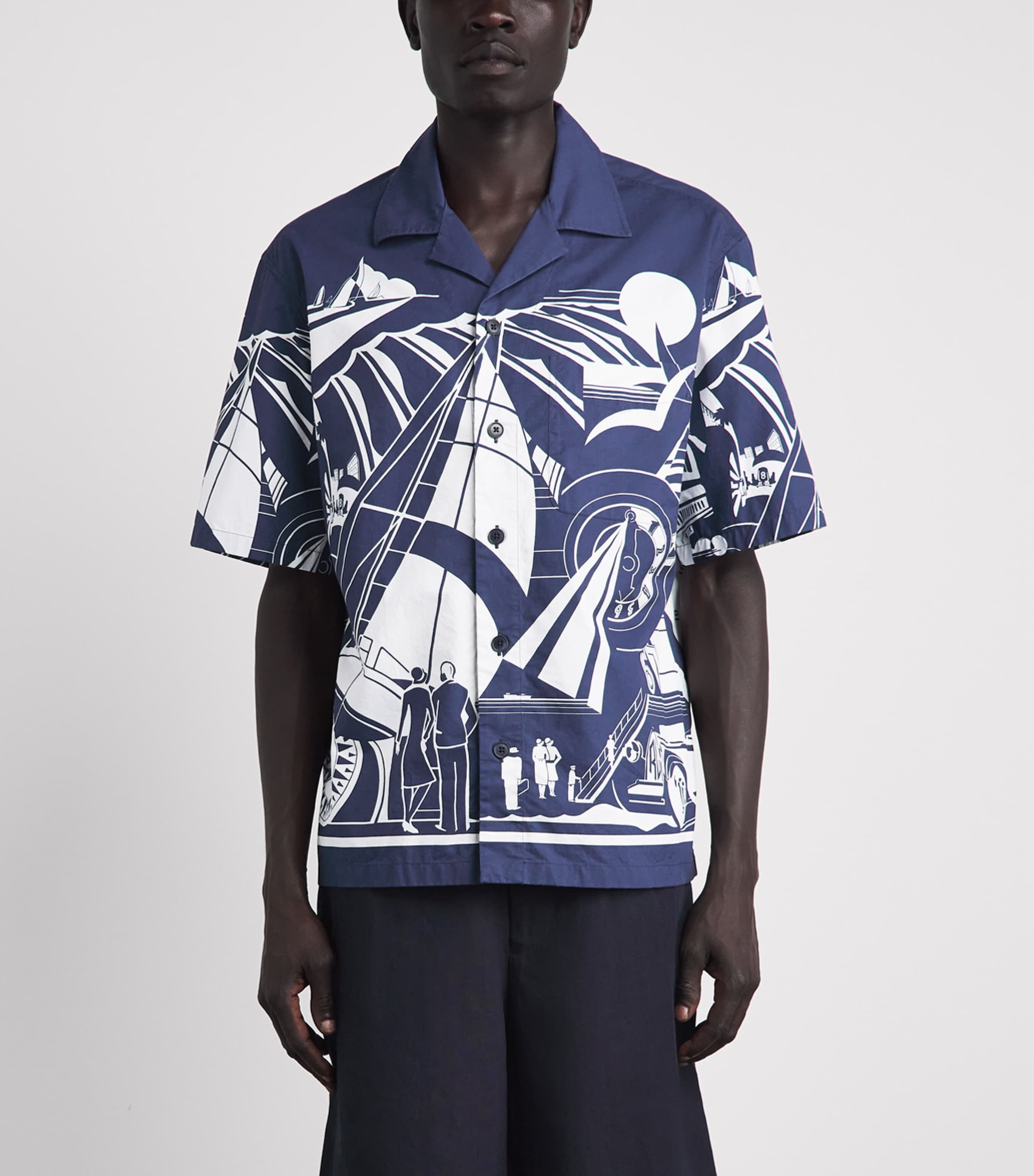 Ralph Lauren Purple Label Mens Cotton Art Deco Camp Shirt Chairman Navy Print Image 4
