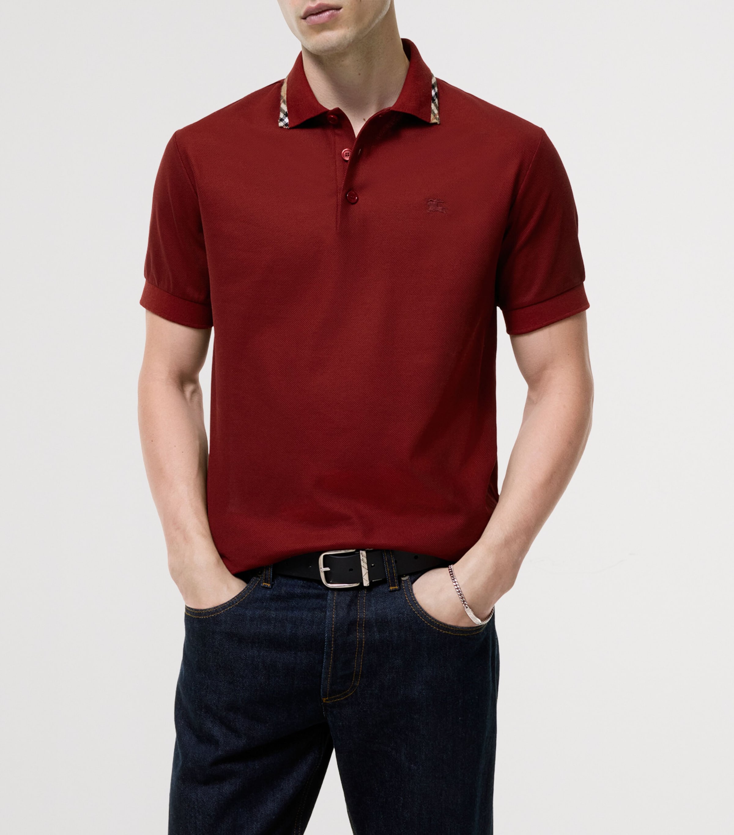 Burberry Mens Cotton Check-Trim Polo Shirt Auburn Brown Image 2