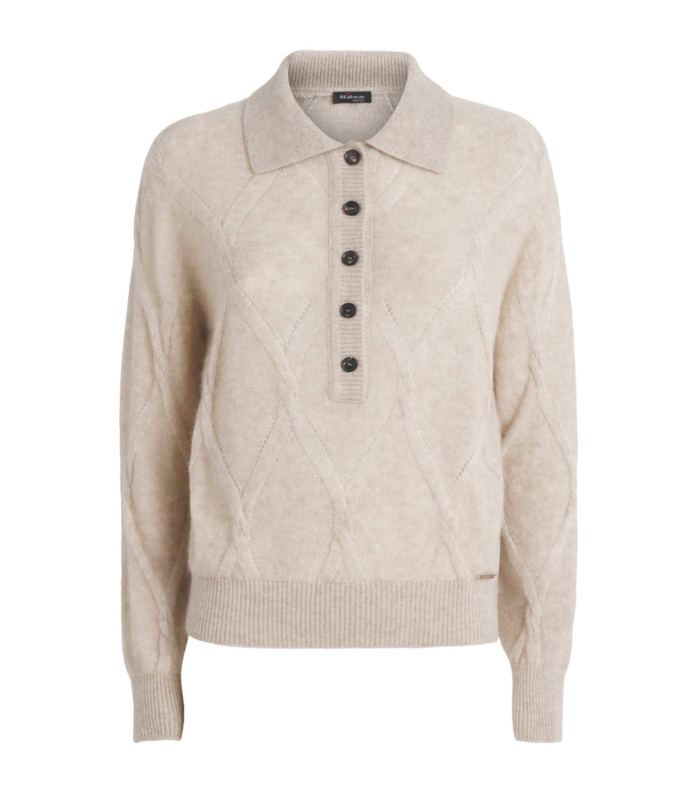 Kiton Womens Cashmere-Silk Pointelle-Knit Polo Shirt Beige Image 1