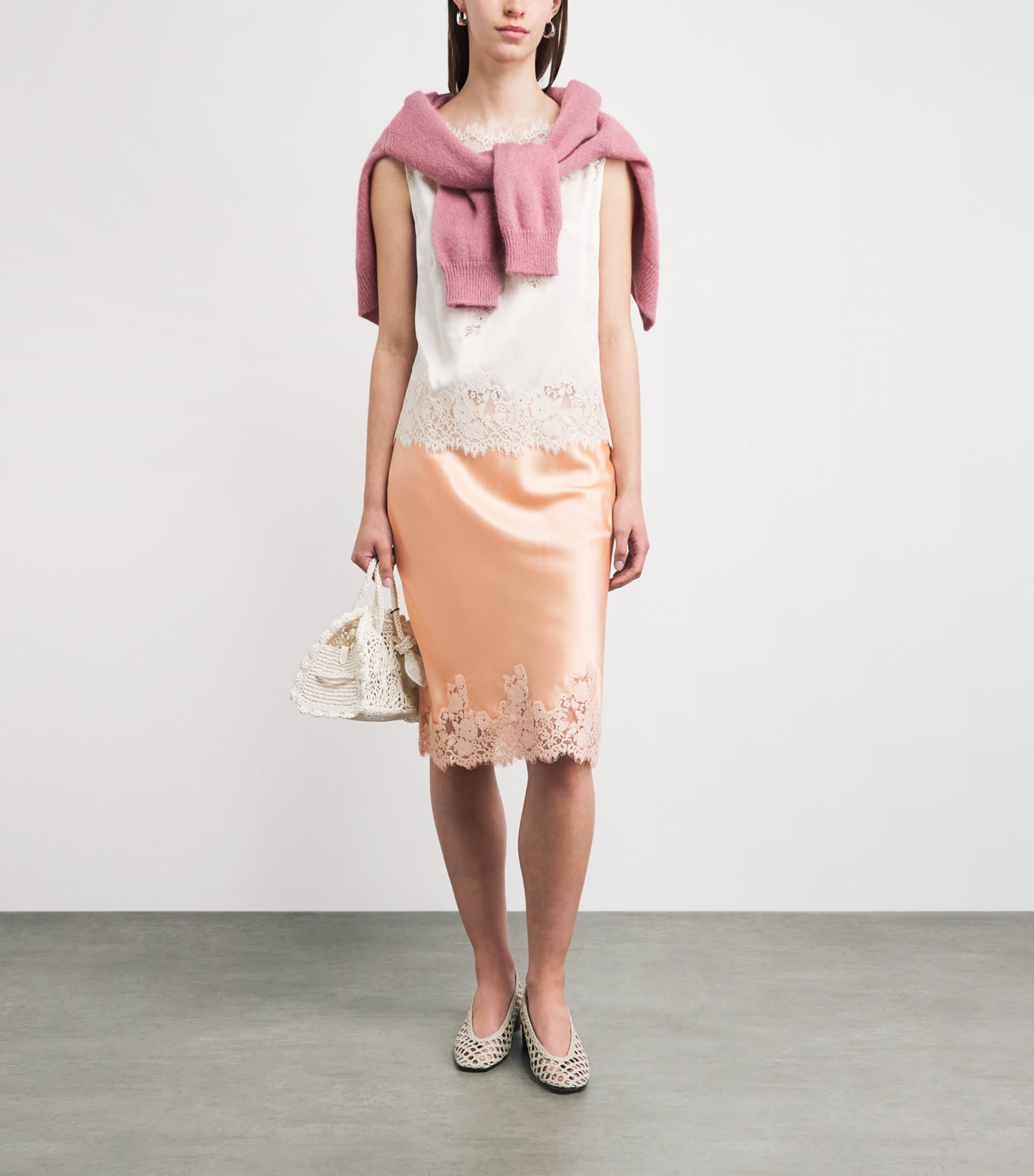 DÔEN Womens Silk-Lace Elowette Midi Skirt Peach Sorbet Image 2
