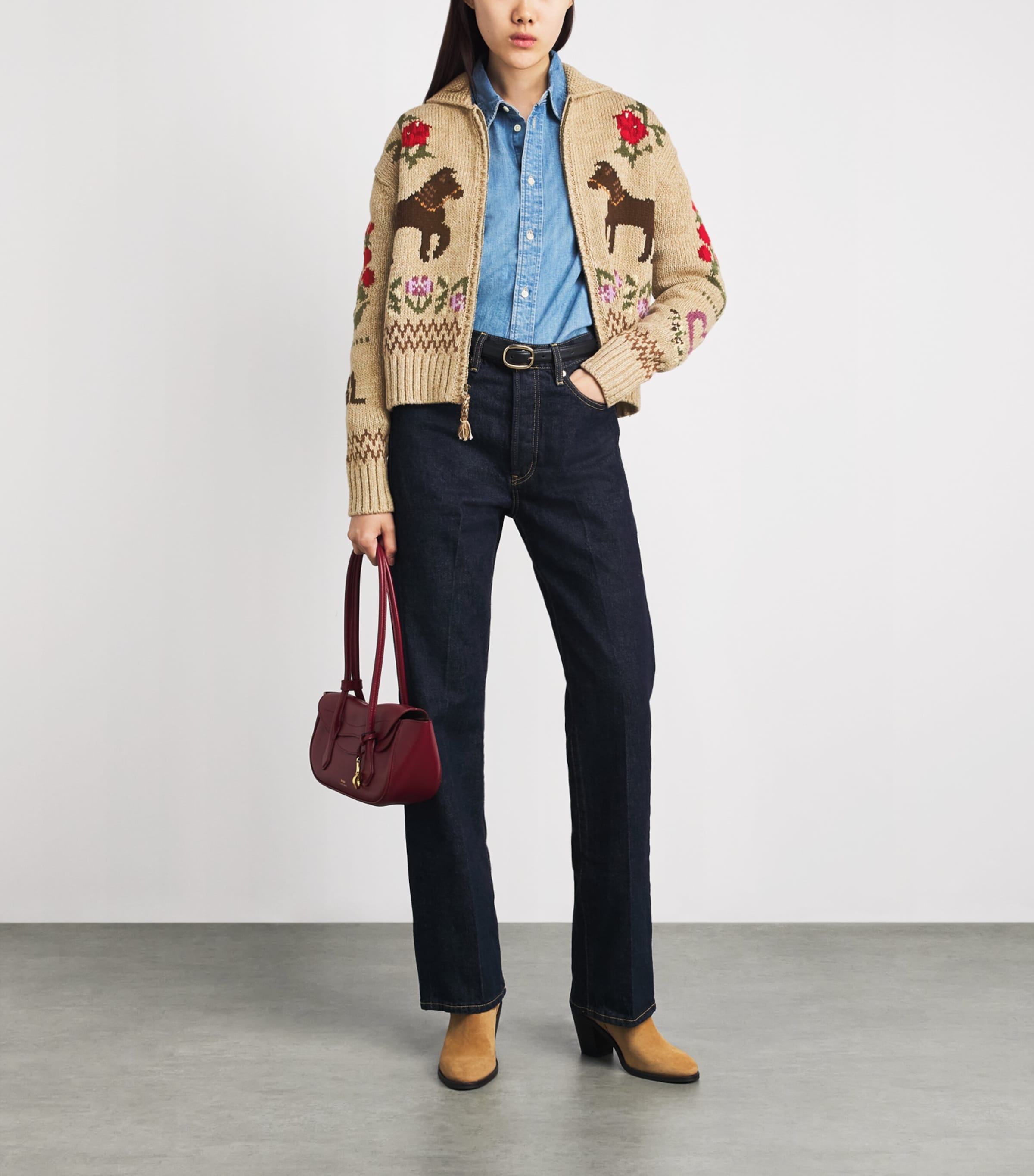 Polo Ralph Lauren Womens Cotton-Wool Horse Intarsia Zip-Up Cardigan Tan Multi Image 2