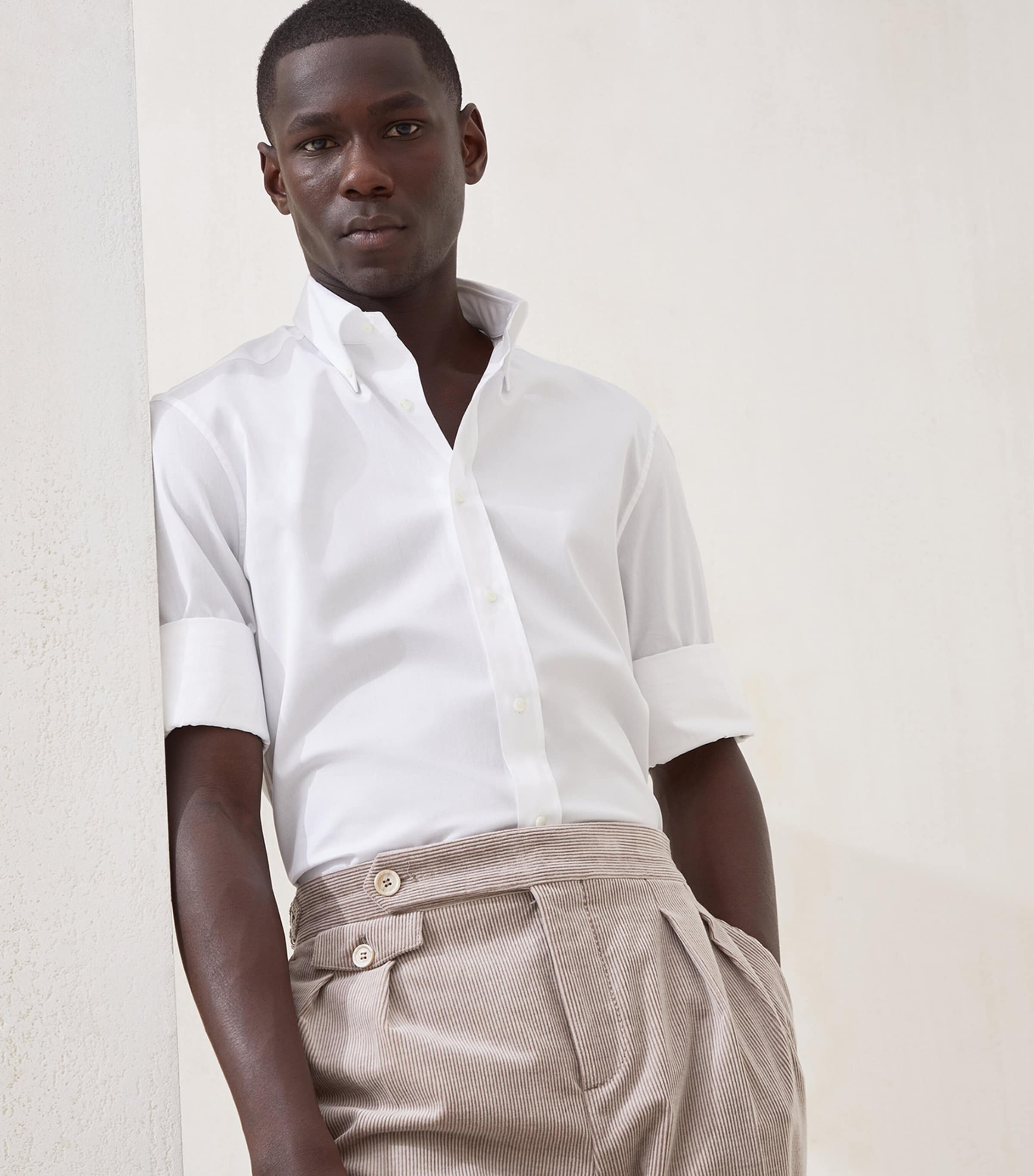 Brunello Cucinelli White Cotton Twill Button-Down Slim-Fit Shirt